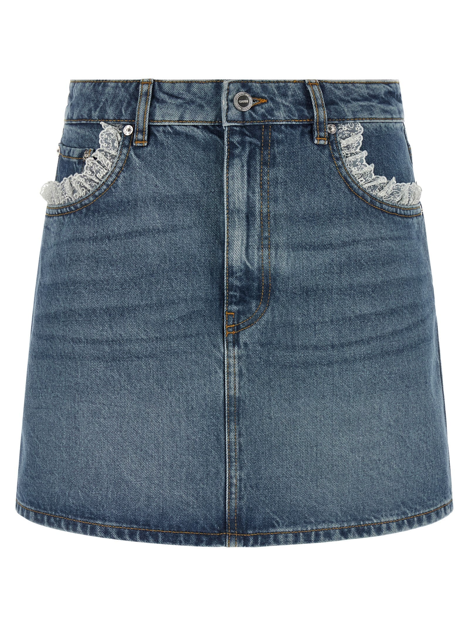 Ganni Women Denim And Lace Skirt