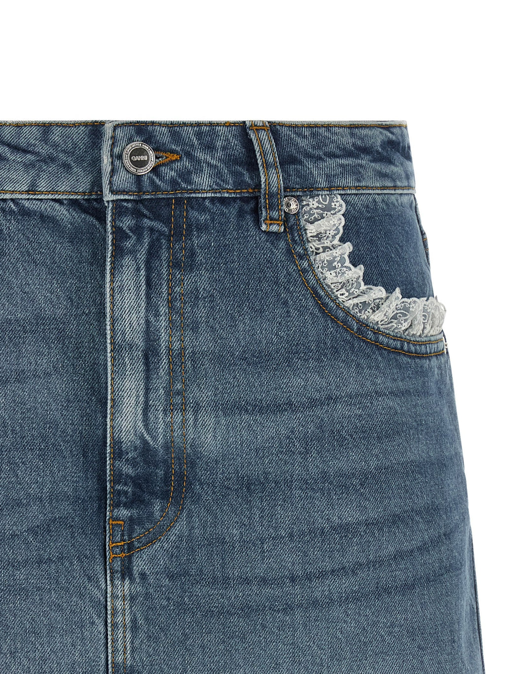 Ganni Women Denim And Lace Skirt