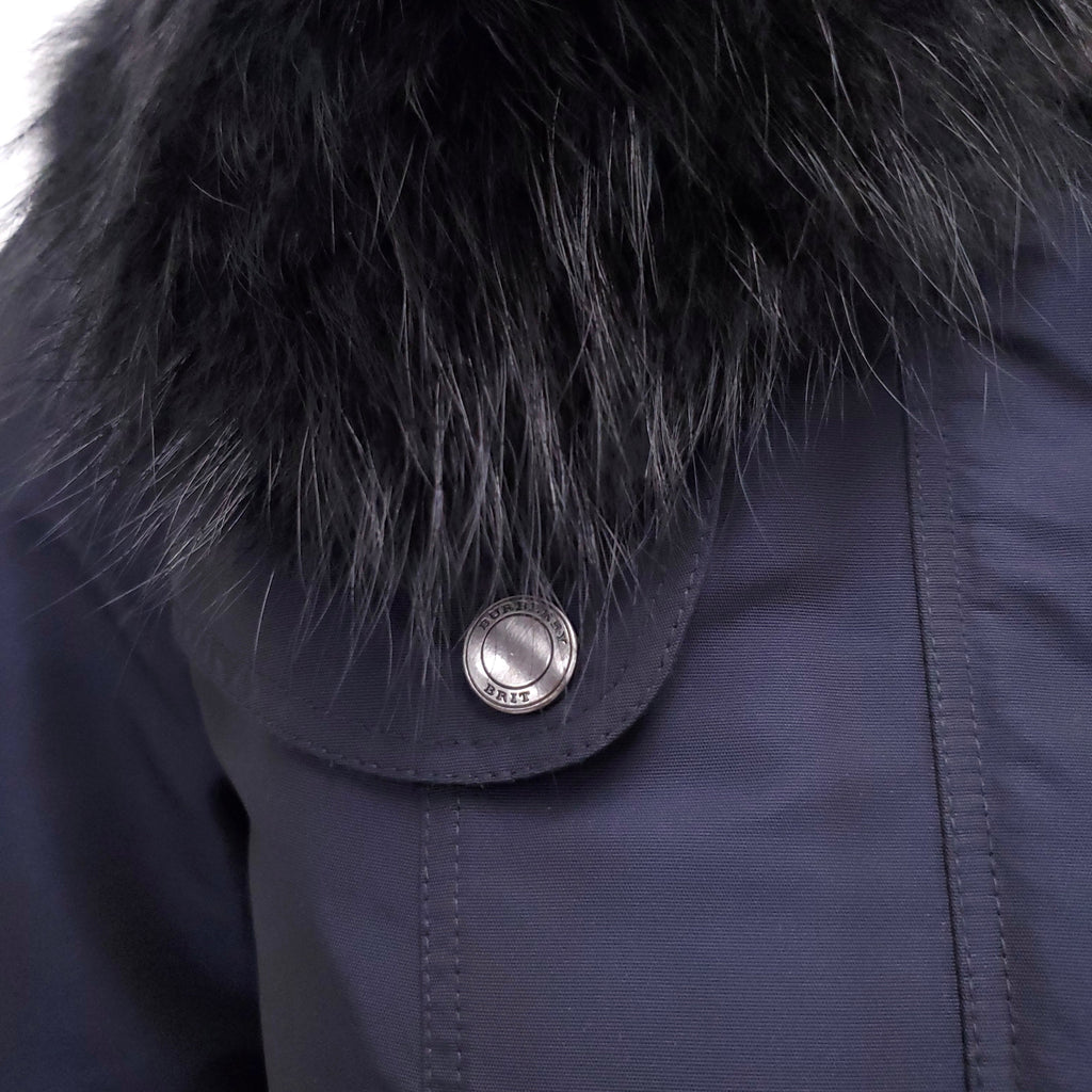 BURBERRY BRIT NAVY COAT WITH FUR HOOD - SIZE 2