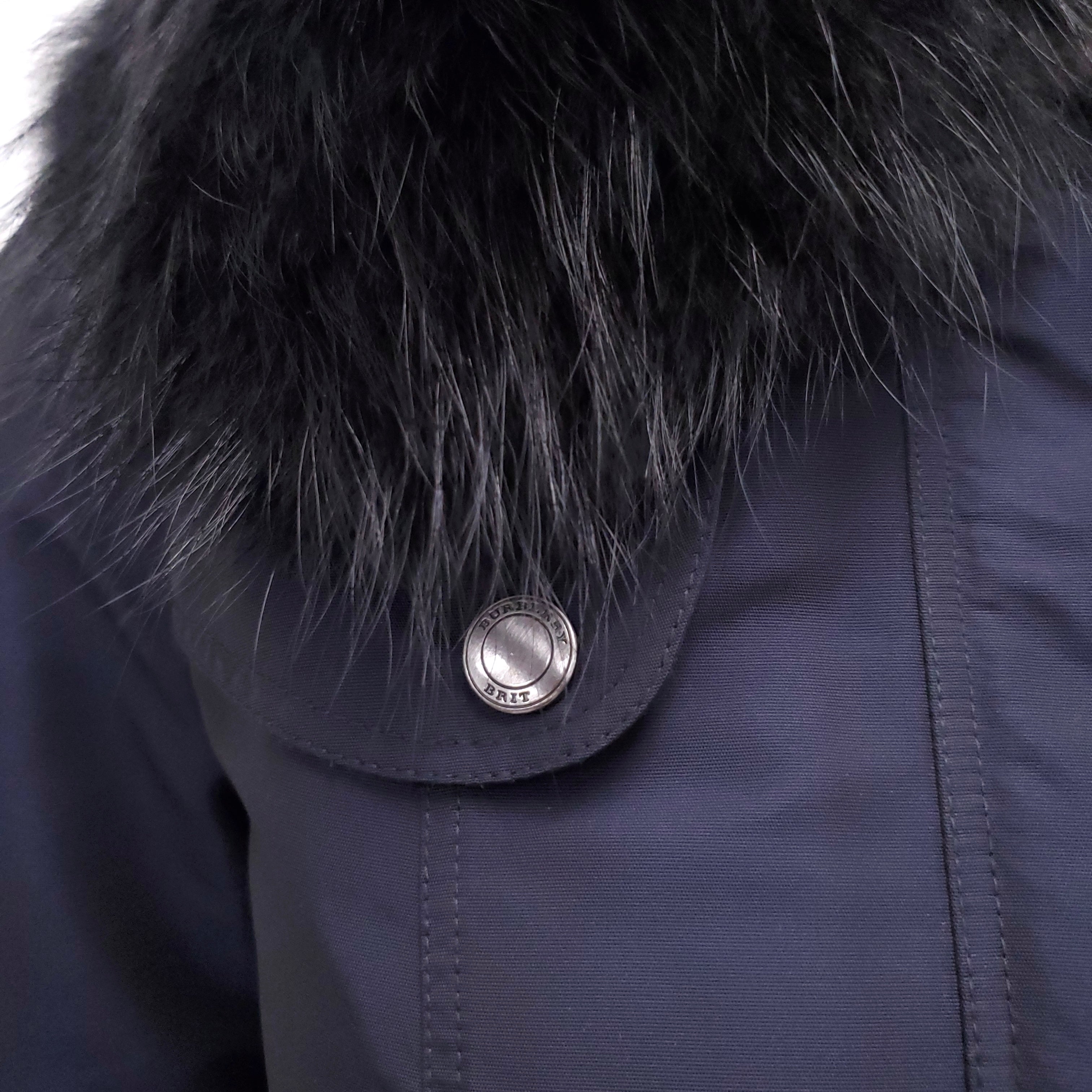 BURBERRY BRIT NAVY COAT WITH FUR HOOD - SIZE 2