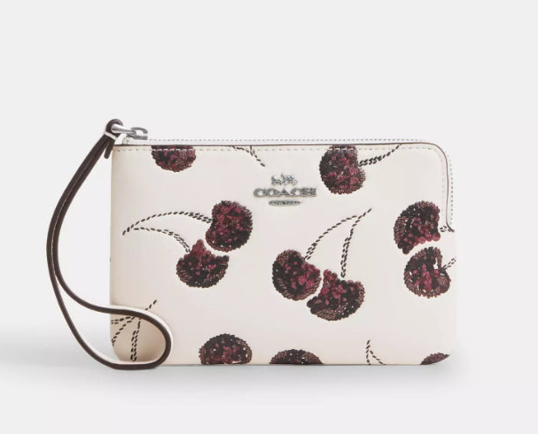 NWT Coach Corner Zip Leather Wristlet With Cherry Print