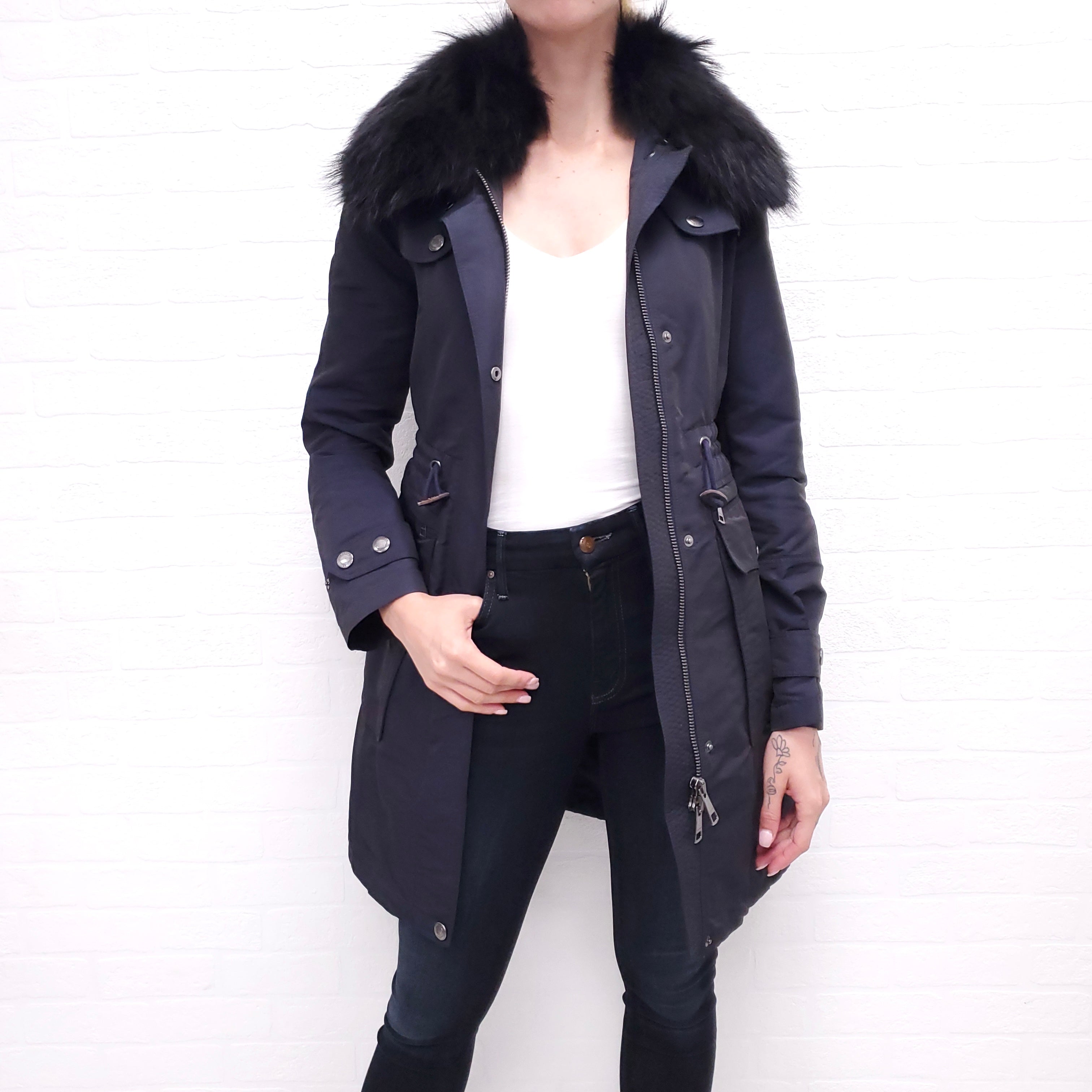 BURBERRY BRIT NAVY COAT WITH FUR HOOD - SIZE 2