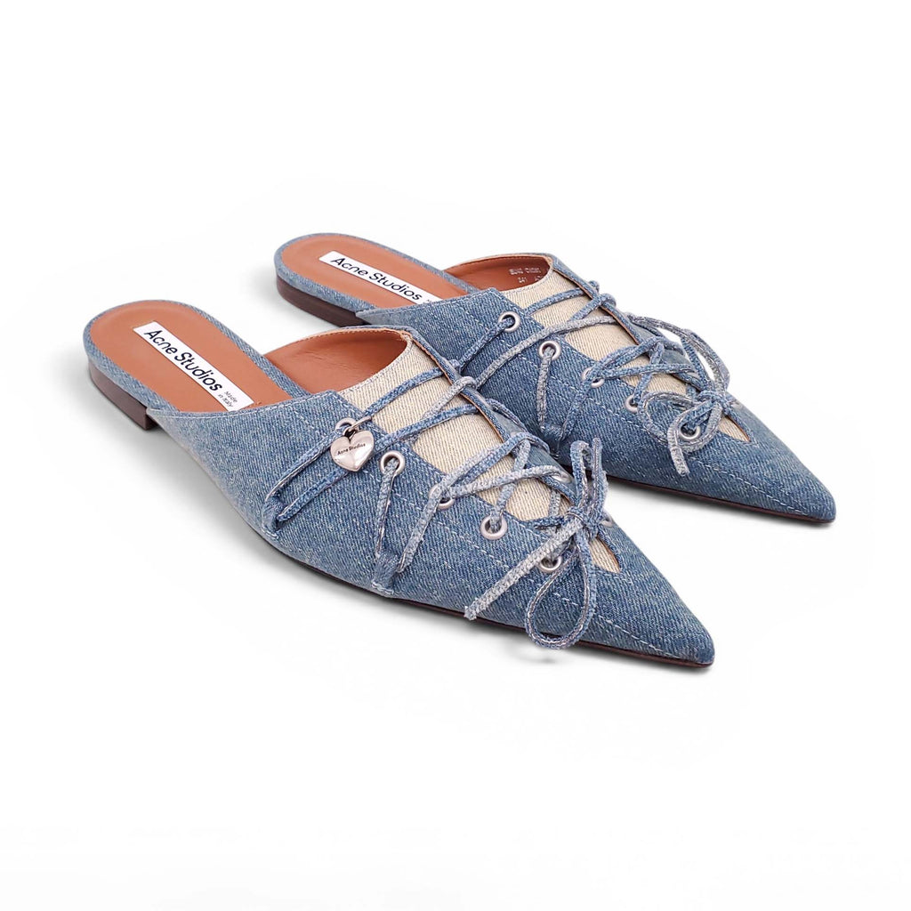 ACNE STUDIOS DENIM LACE-UP POINTED-TOE FLATS - SIZE 40