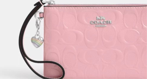 NWT Coach Corner Zip Wristlet Wallet In Signature Leather With Heart Charm In Silver/Pink