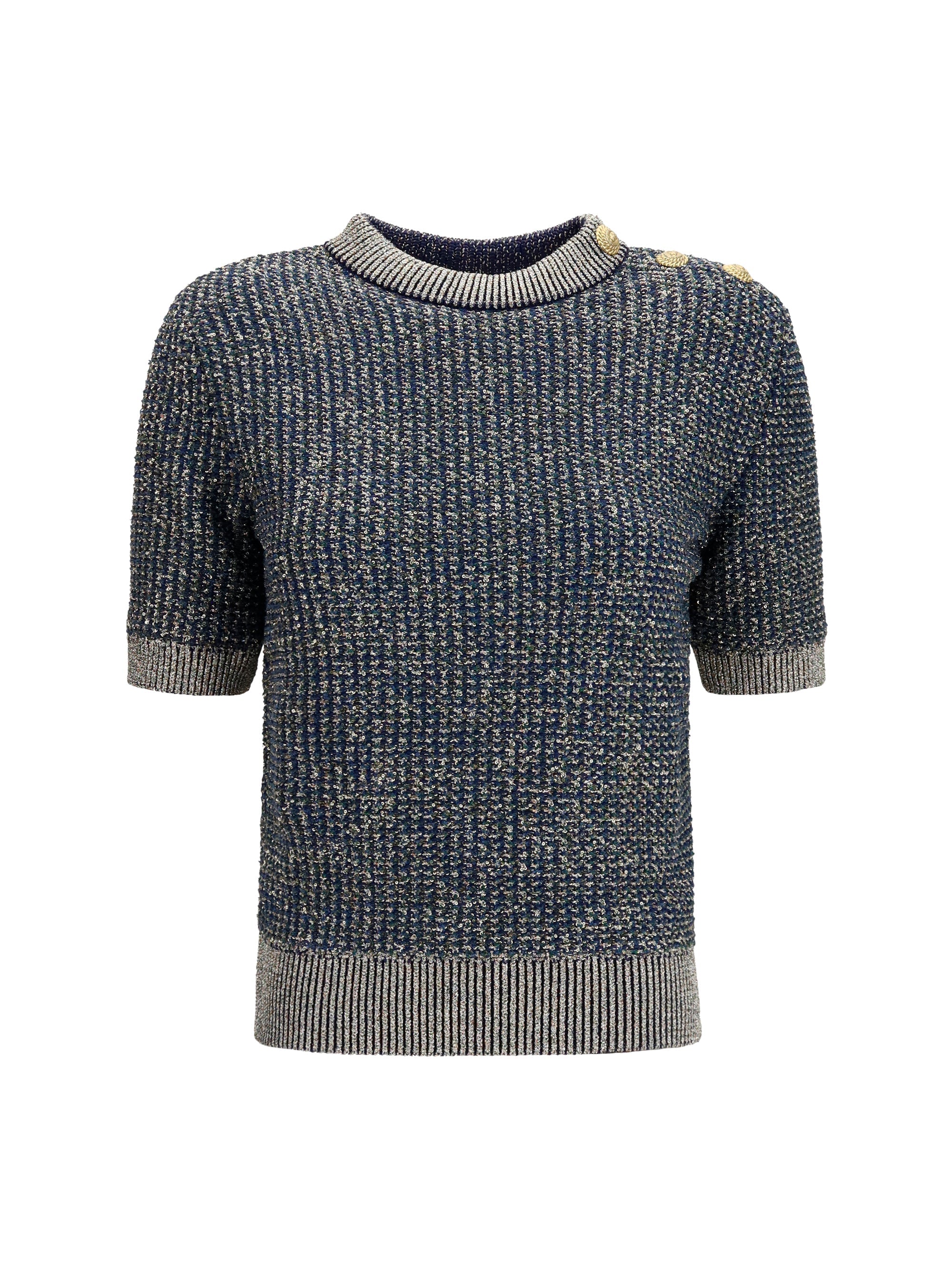 Balmain Women Short-Sleeve Sequined Sweater With Buttons
