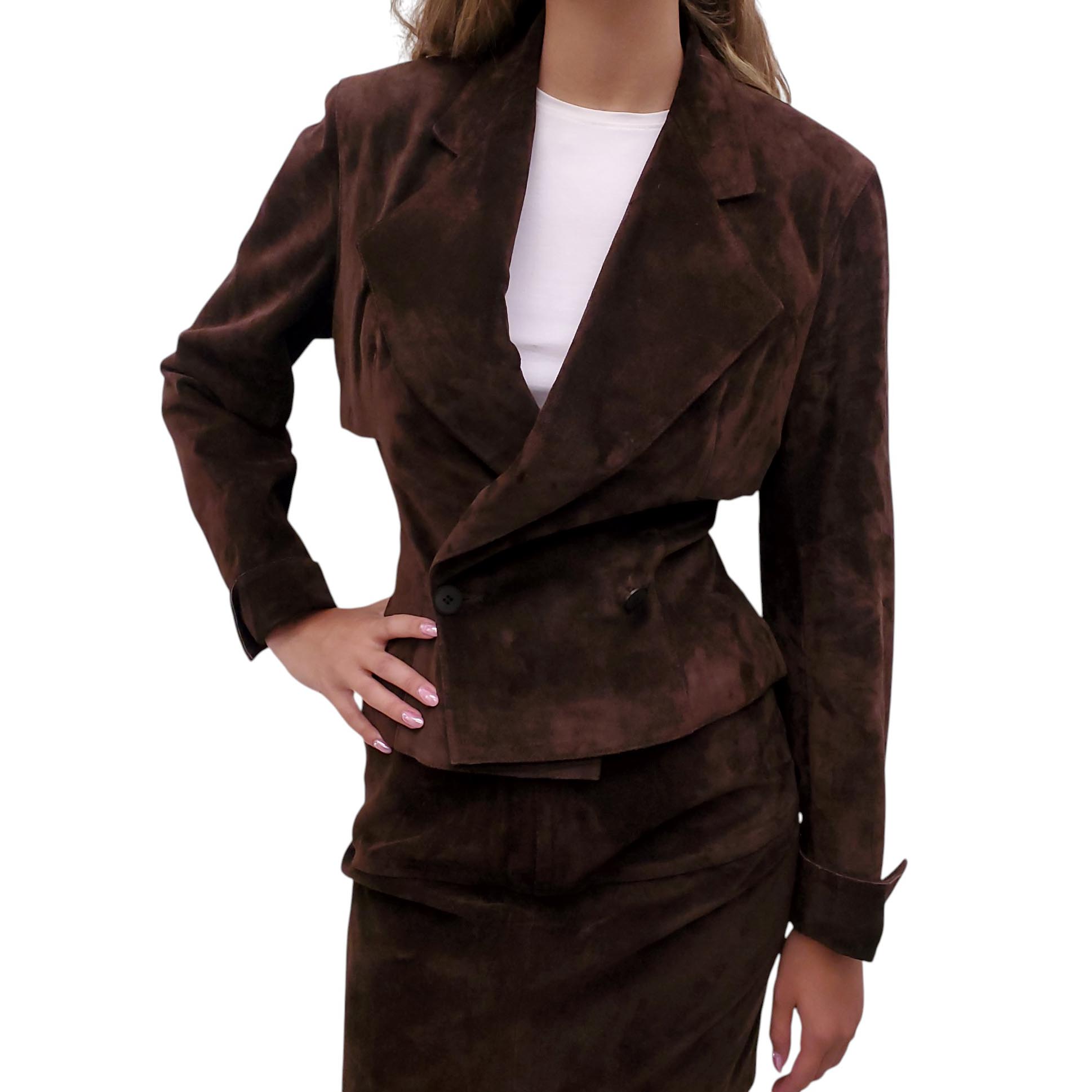 ALAÏA BROWN SUEDE JACKET AND SKIRT SUIT - SIZE S