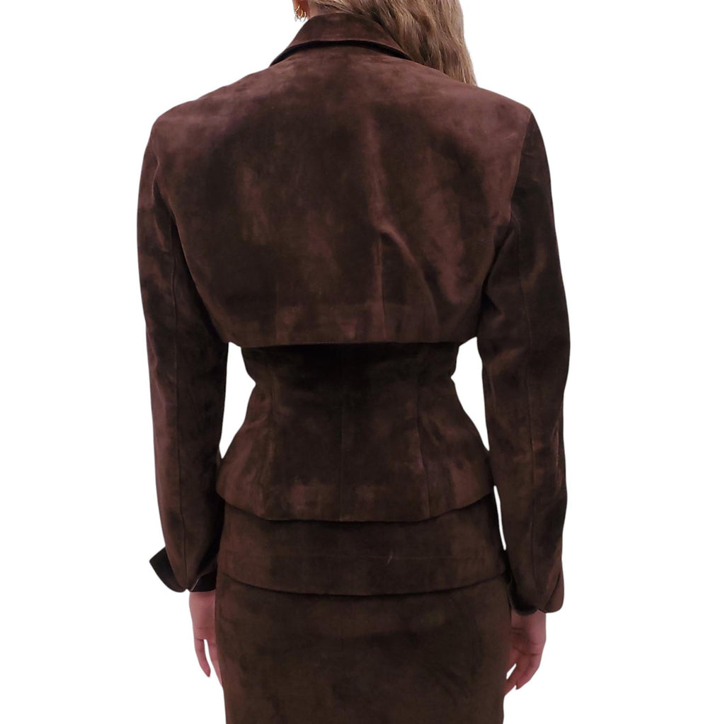 ALAÏA BROWN SUEDE JACKET AND SKIRT SUIT - SIZE S