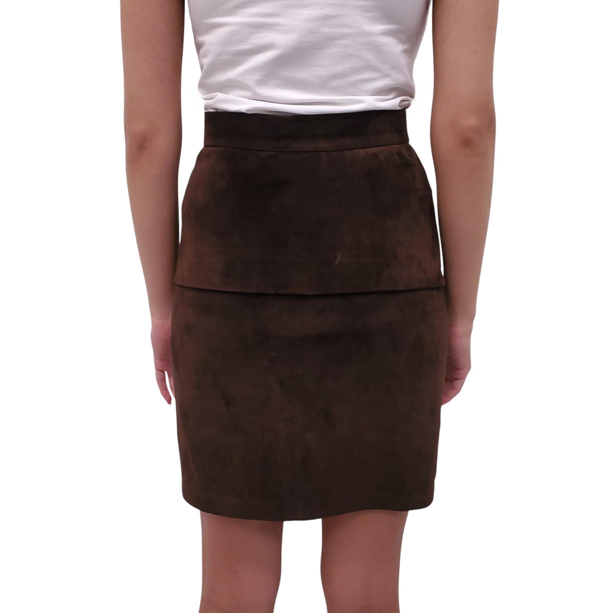 ALAÏA BROWN SUEDE JACKET AND SKIRT SUIT - SIZE S