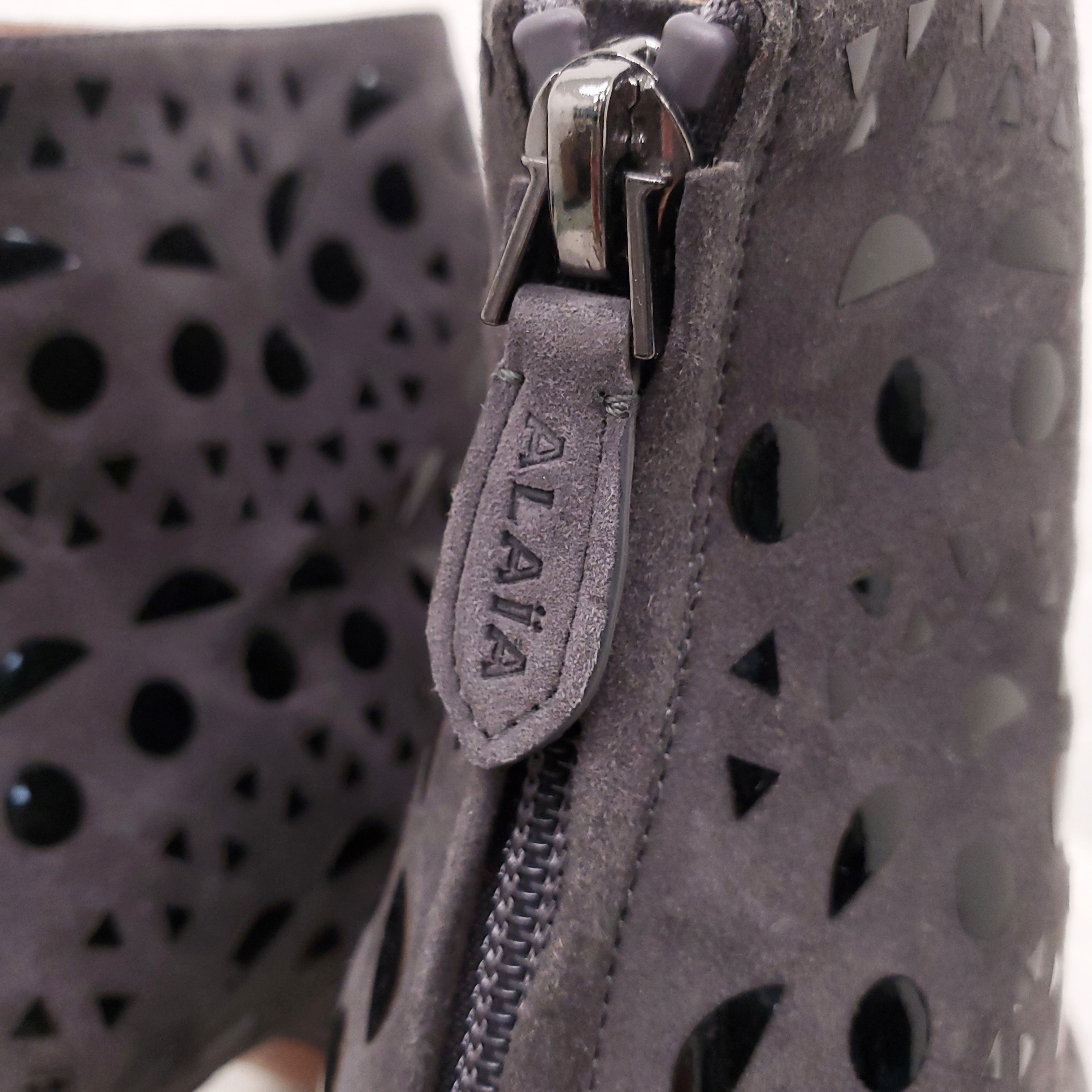 ALAÏA GREY CUT OUT SUEDE BOOTIES - SIZE 38