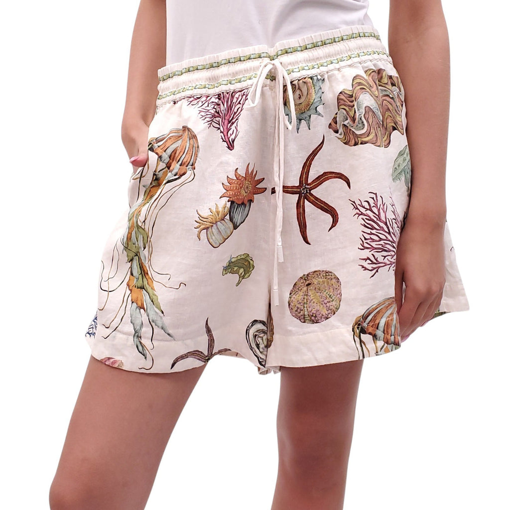 ALEMAIS CREAM SEA PRINT LINEN SHORTS - SIZE 12