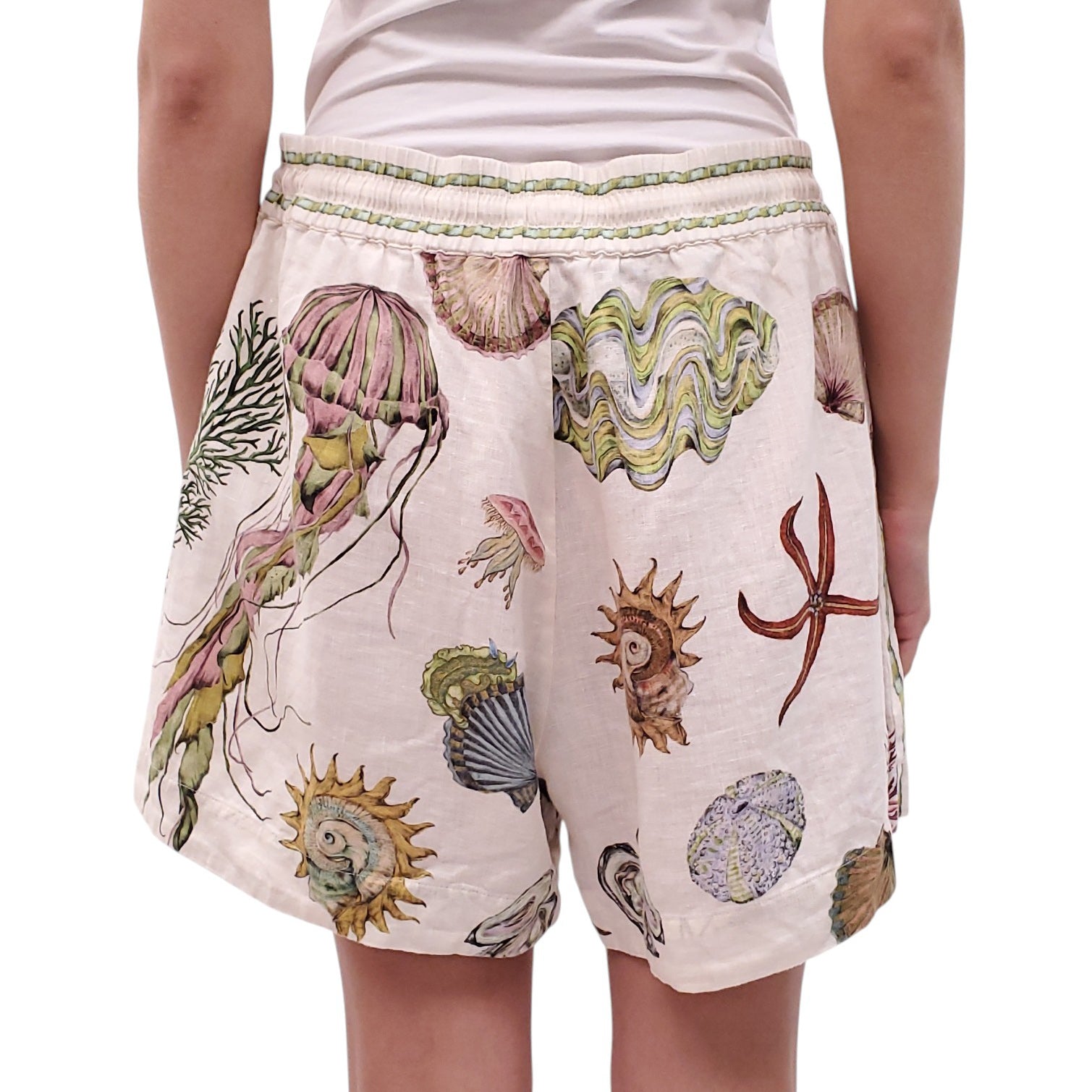 ALEMAIS CREAM SEA PRINT LINEN SHORTS - SIZE 12