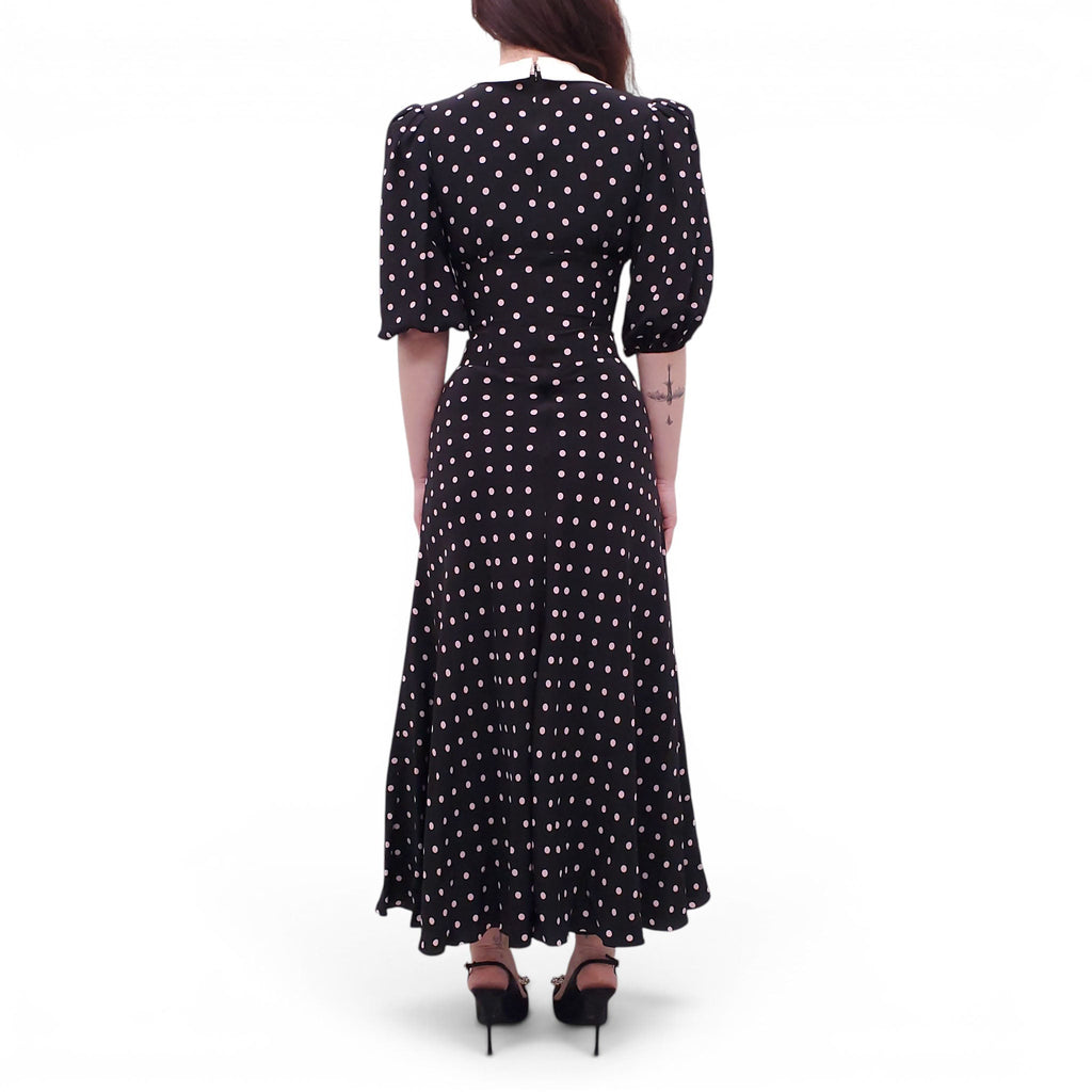 ALESSANDRA RICH BLACK AND PINK POLKA DOT RUFFLED SILK MIDI DRESS WITH PEARL BUTTONS - SIZE 36 (FITS SMALL)