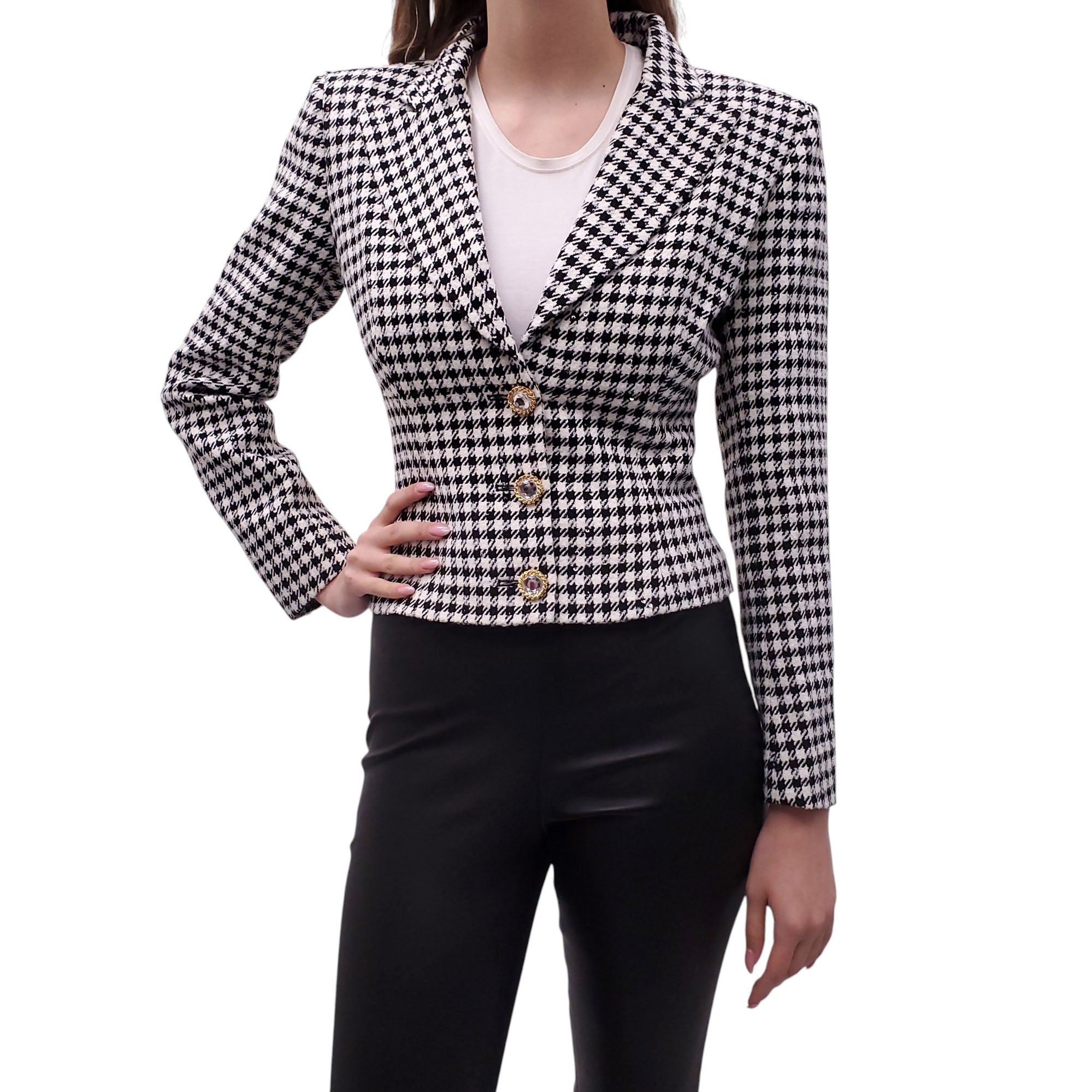 ALESSANDRA RICH BLACK AND WHITE TWEED HOUNDSTOOTH BLAZER WITH CRYSTAL EMBELLISHMENTS - SIZE 40 (FITS EXTRA SMALL)