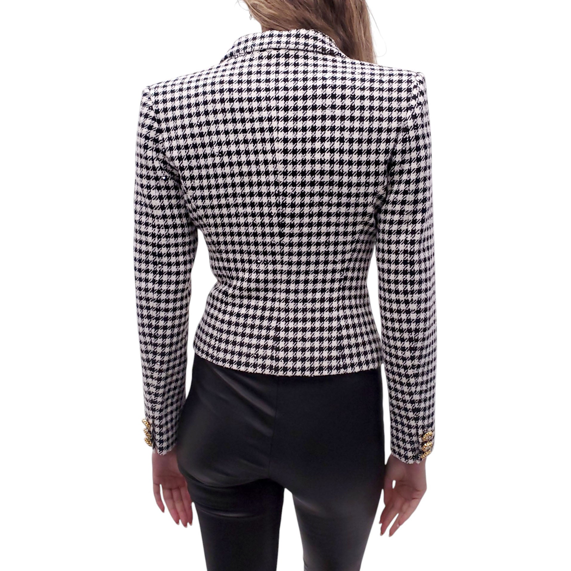 ALESSANDRA RICH BLACK AND WHITE TWEED HOUNDSTOOTH BLAZER WITH CRYSTAL EMBELLISHMENTS - SIZE 40 (FITS EXTRA SMALL)