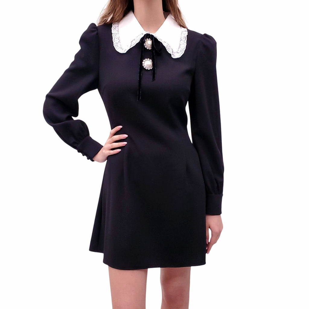 ALESSANDRA RICH BLACK DRESS WITH COLLAR AND CRYSTAL BUTTONS - SIZE 46