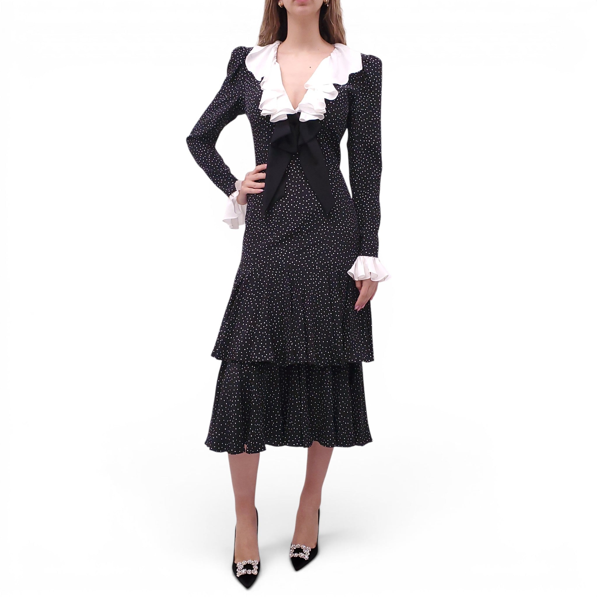 ALESSANDRA RICH BOW-DETAILED RUFFLE POLKA DOT SILK TIERED MIDI DRESS - SIZE 42 (FITS SMALL)