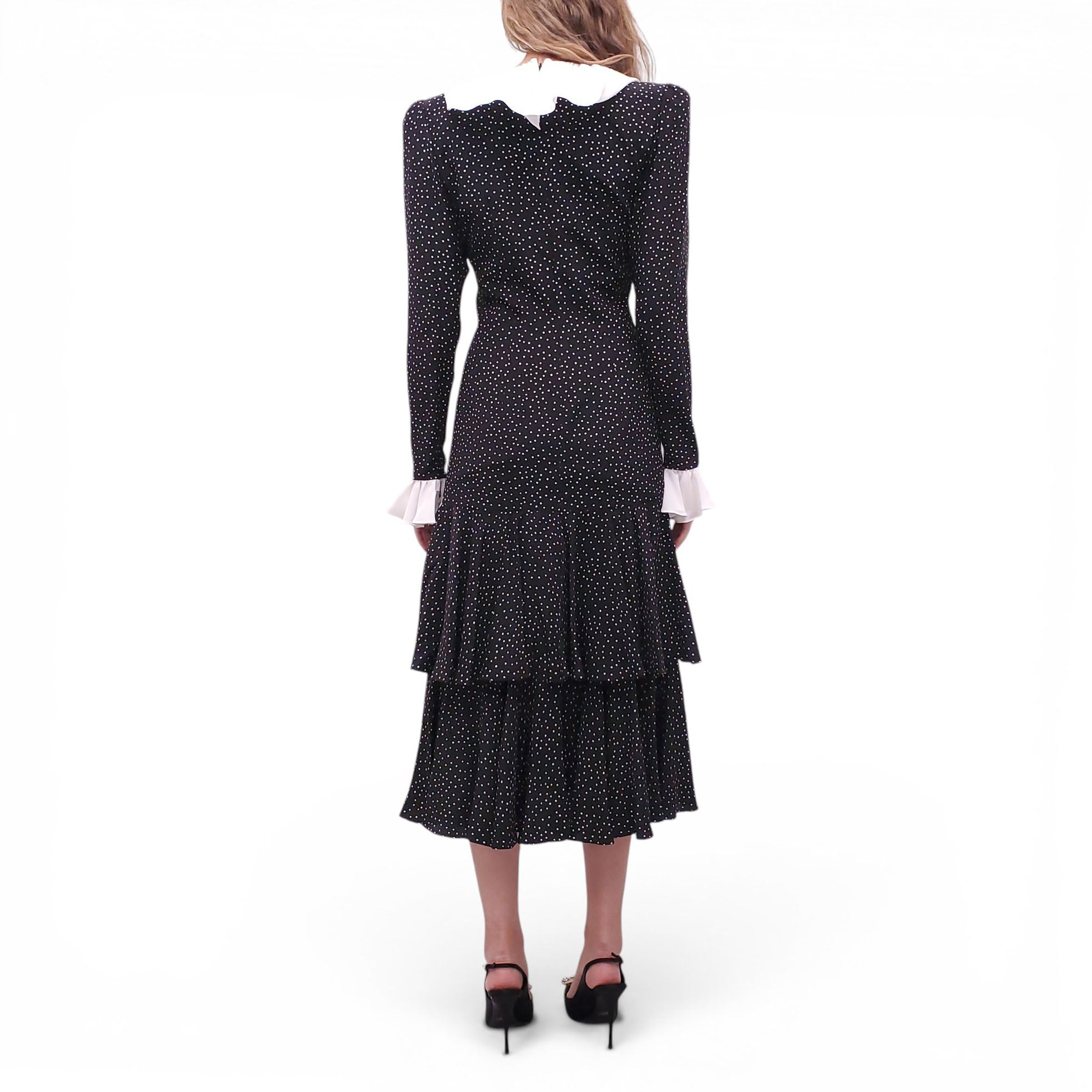 ALESSANDRA RICH BOW-DETAILED RUFFLE POLKA DOT SILK TIERED MIDI DRESS - SIZE 42 (FITS SMALL)