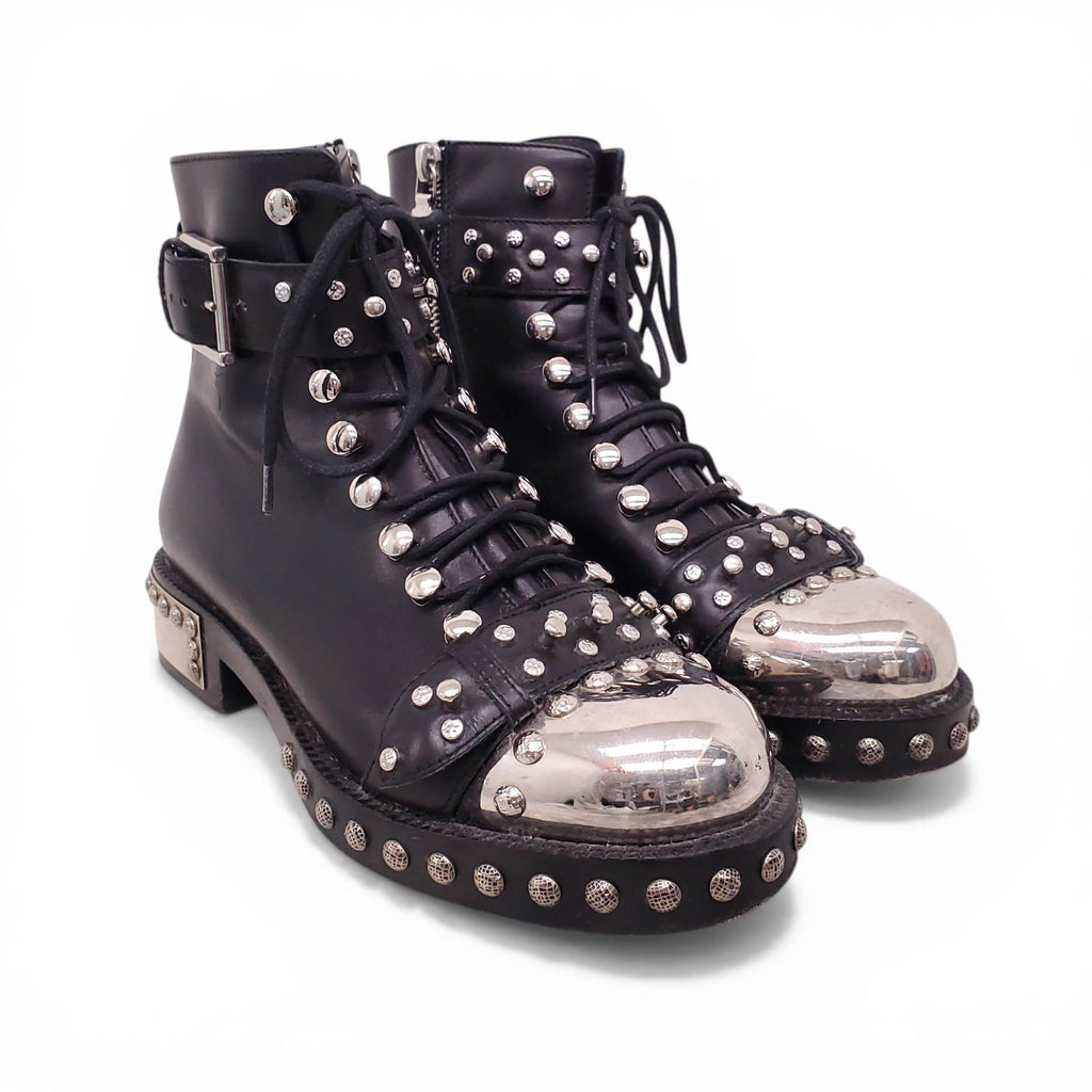 ALEXANDER MCQUEEN BLACK LACE UP BOOTS WITH SILVER DETAILS - SIZE 35.5