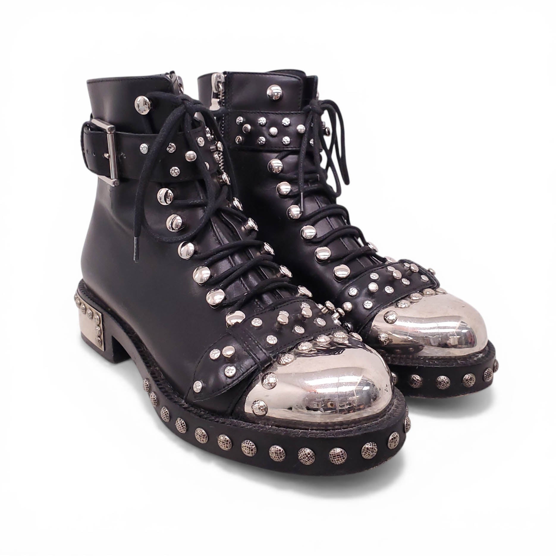 ALEXANDER MCQUEEN BLACK LACE UP BOOTS WITH SILVER DETAILS - SIZE 35.5