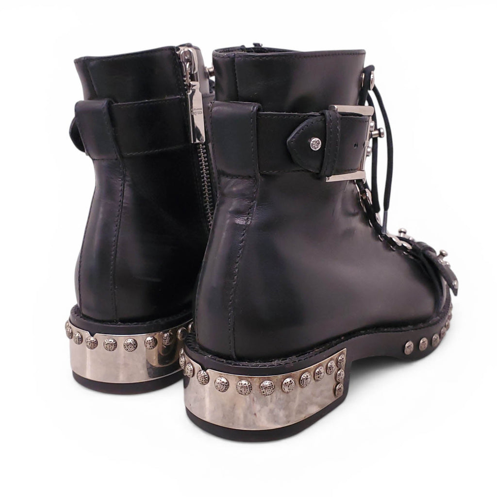 ALEXANDER MCQUEEN BLACK LACE UP BOOTS WITH SILVER DETAILS - SIZE 35.5