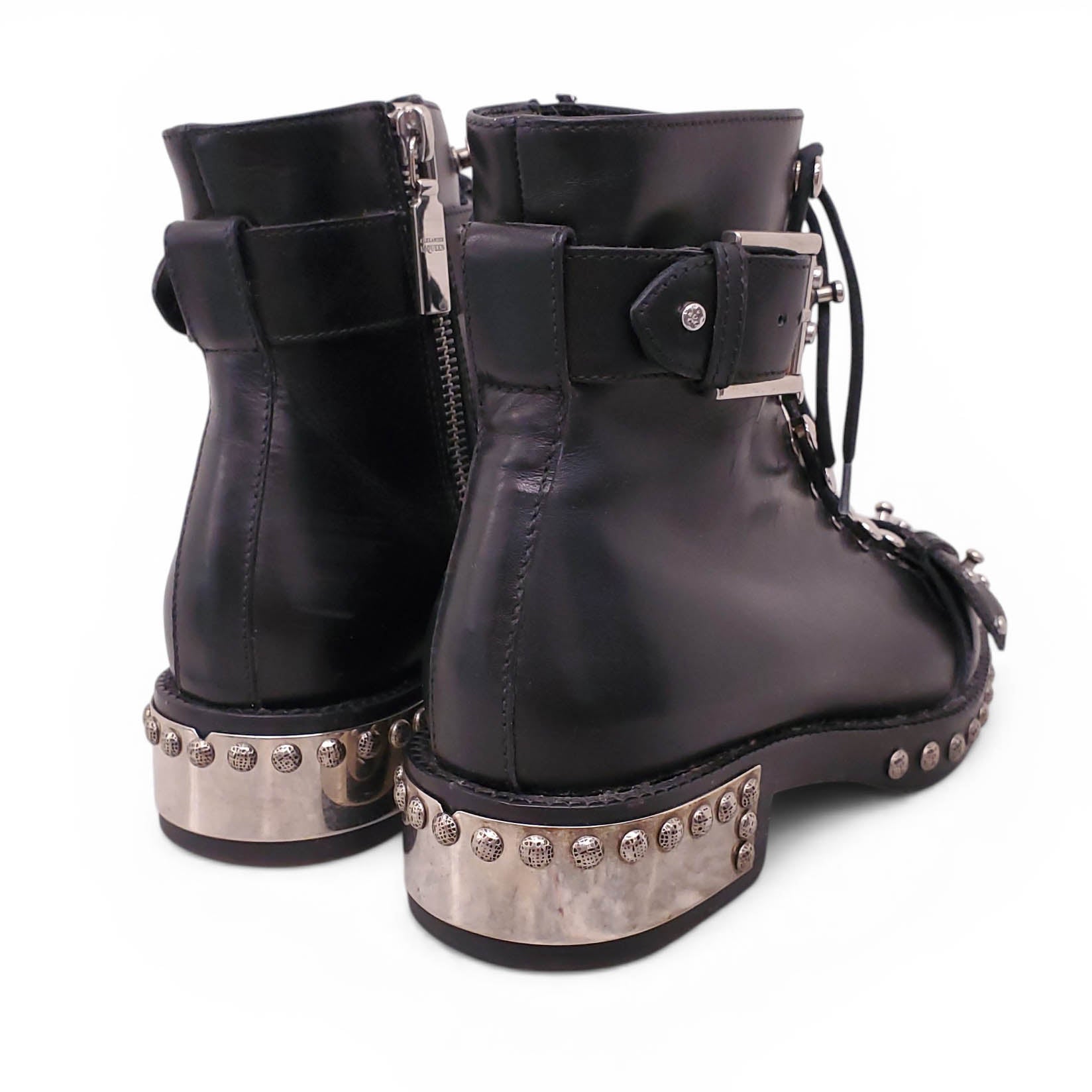 ALEXANDER MCQUEEN BLACK LACE UP BOOTS WITH SILVER DETAILS - SIZE 35.5