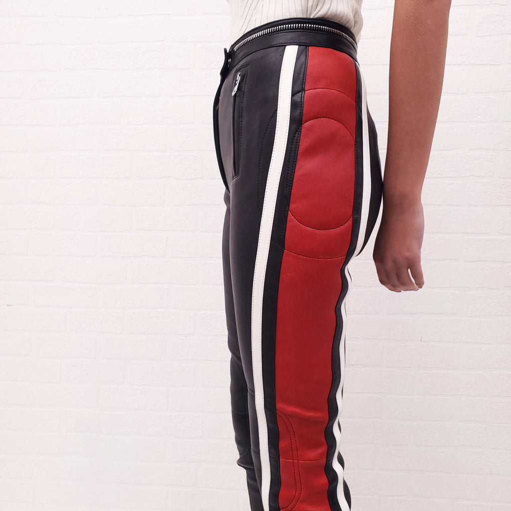 ALEXANDER MCQUEEN BLACK LEATHER PANTS WITH WHITE AND RED STRIPES - SIZE 40