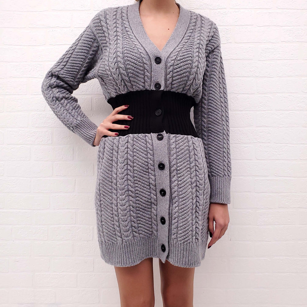 ALEXANDER MCQUEEN GREY AND BLACK CABLE KNIT DRESS - SIZE S