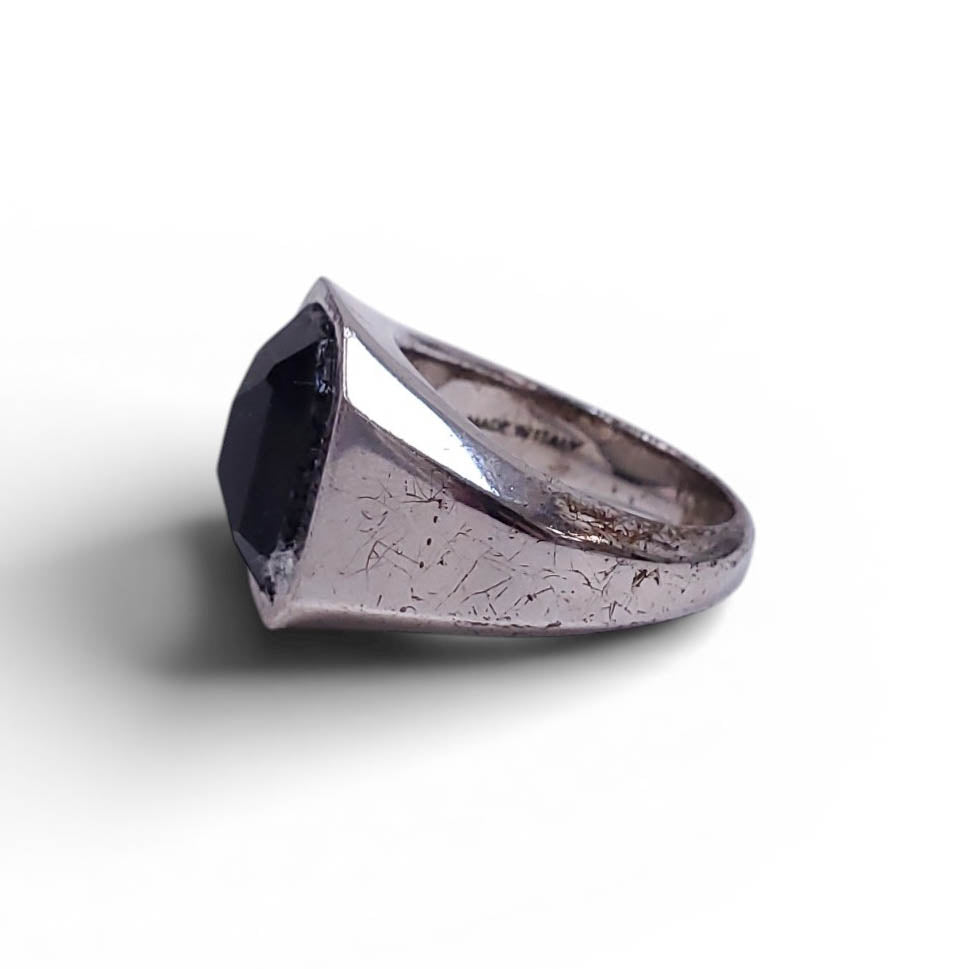 ALEXANDER MCQUEEN UNISEX SILVER AND BLACK SIGNET LOGO RING - SIZE 10