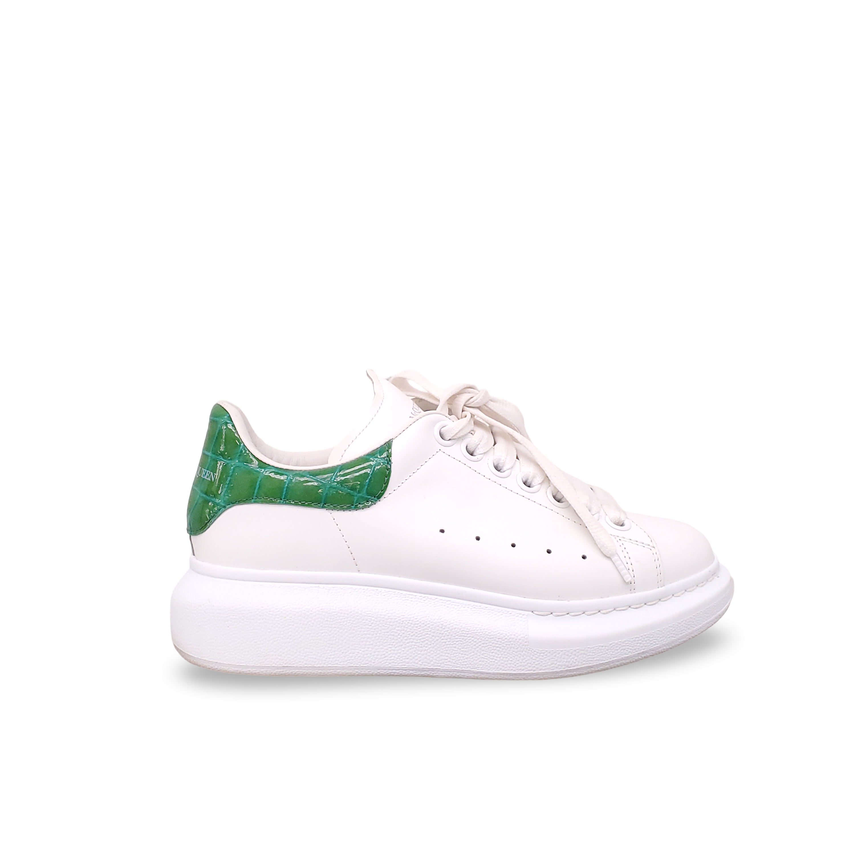 ALEXANDER MCQUEEN WHITE SNEAKERS WITH GREEN CROC HEEL - SIZE 35.5