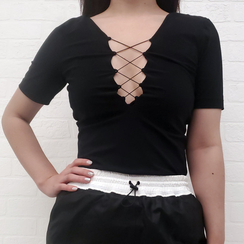 ALEXANDERWANG.T BLACK LACE UP BODYSUIT - SIZE XS