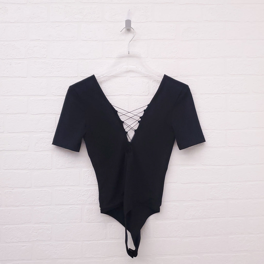 ALEXANDERWANG.T BLACK LACE UP BODYSUIT - SIZE XS