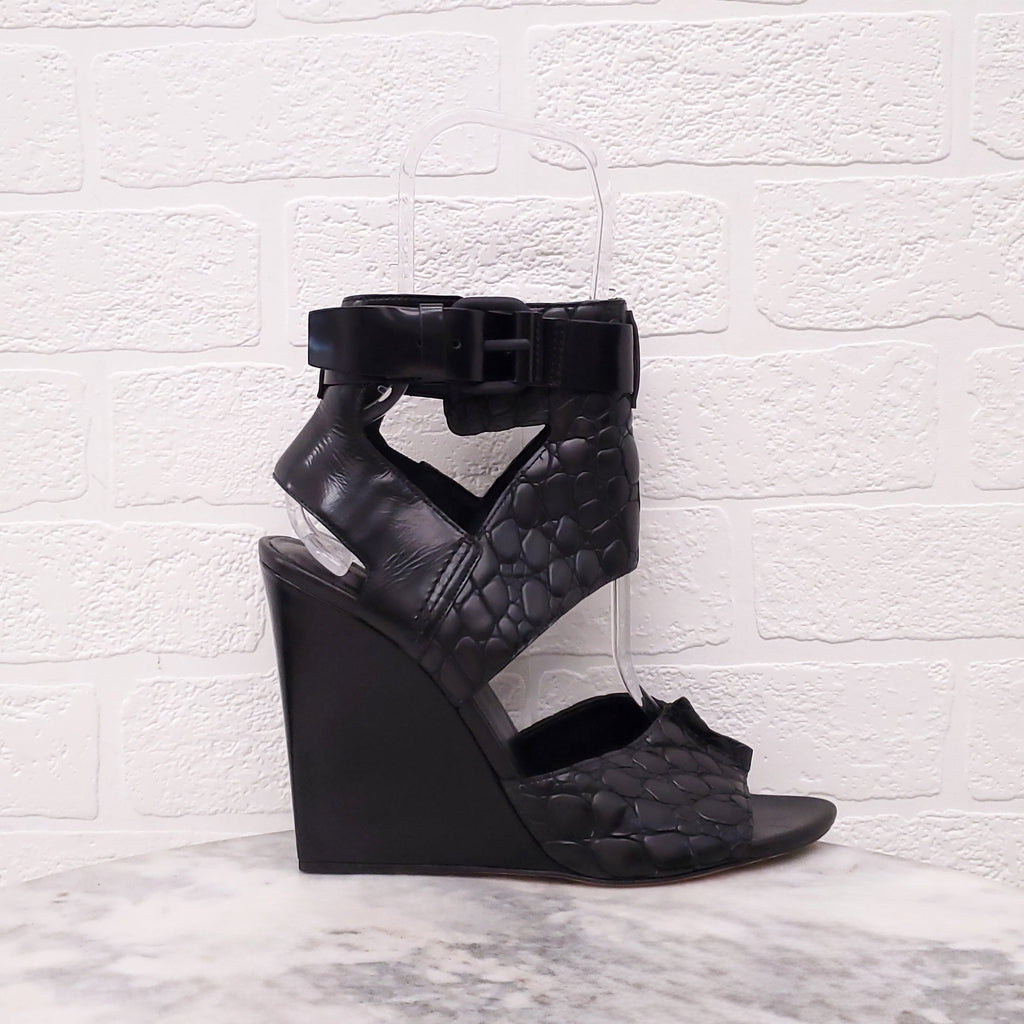 ALEXANDER WANG BLACK CROC EFFECT OPEN TOE WEDGES - SIZE 39