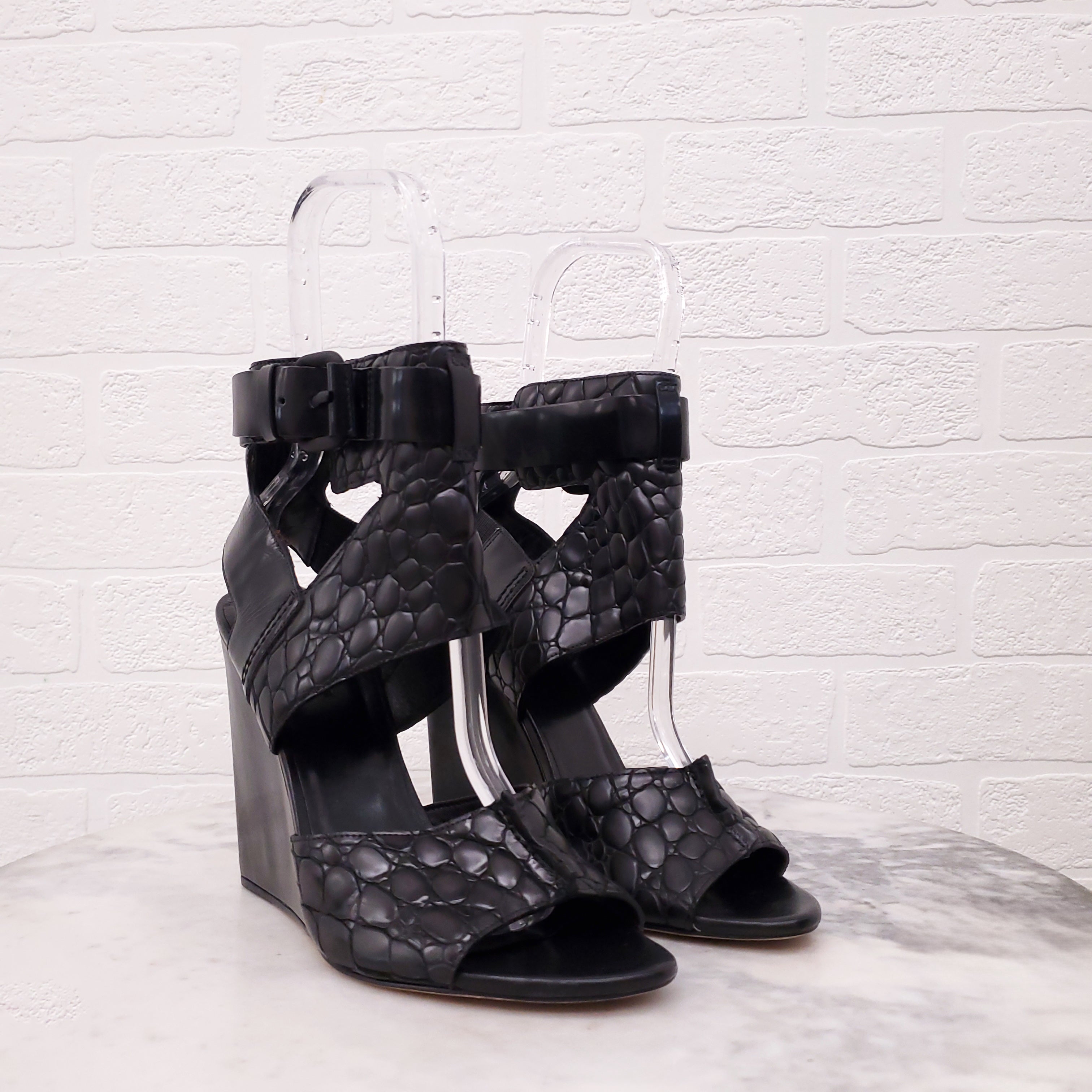 ALEXANDER WANG BLACK CROC EFFECT OPEN TOE WEDGES - SIZE 39