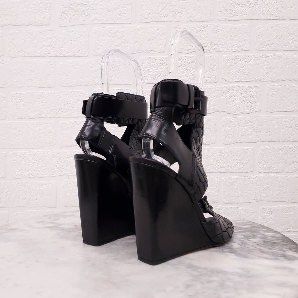 ALEXANDER WANG BLACK CROC EFFECT OPEN TOE WEDGES - SIZE 39