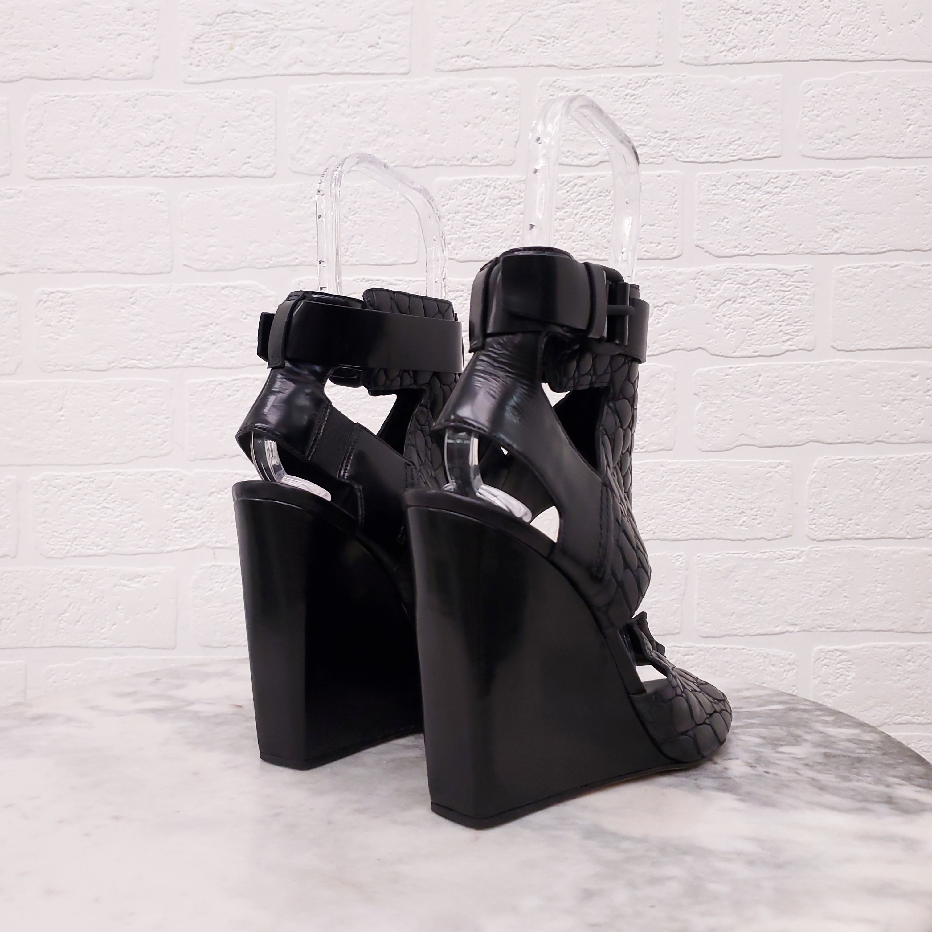 ALEXANDER WANG BLACK CROC EFFECT OPEN TOE WEDGES - SIZE 39