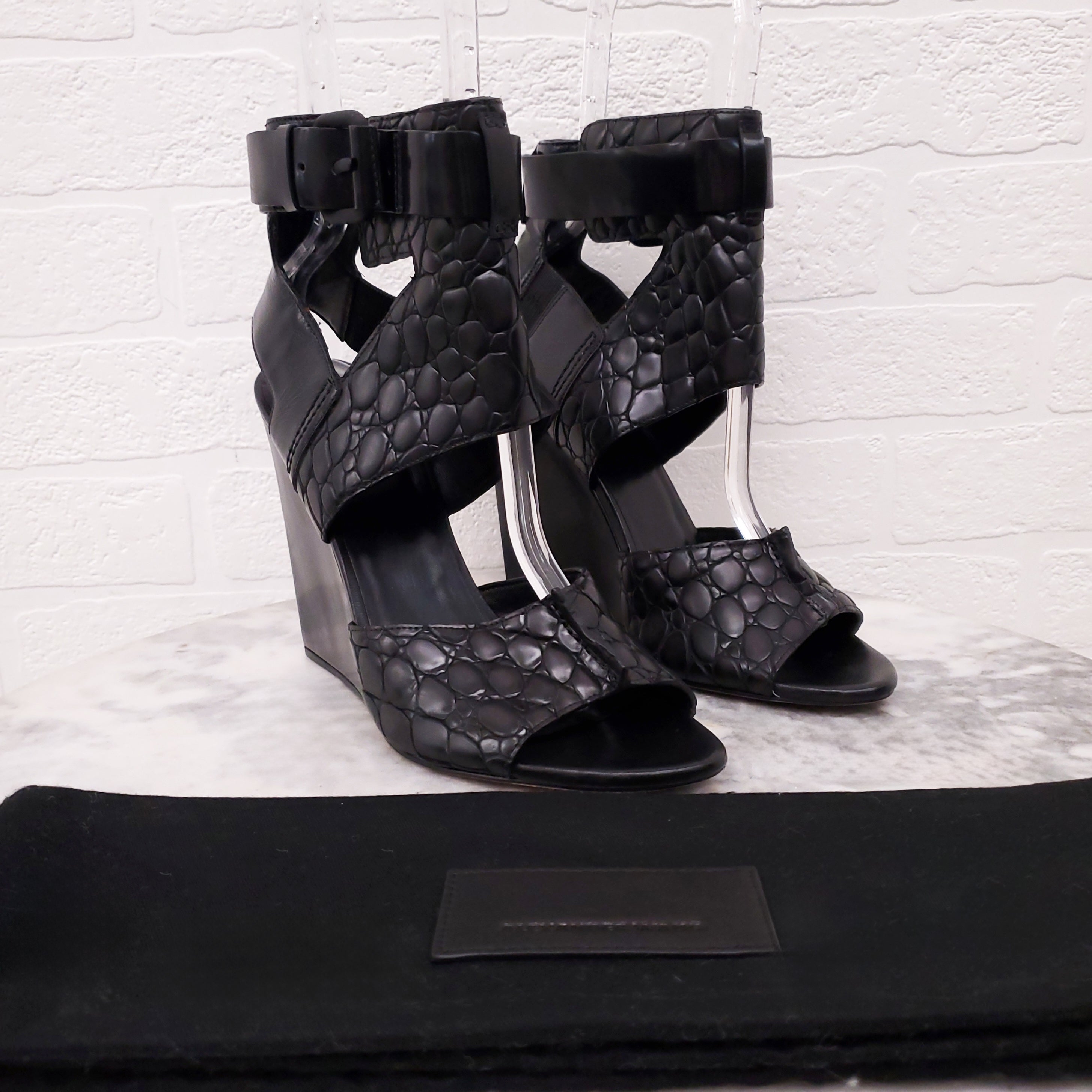 ALEXANDER WANG BLACK CROC EFFECT OPEN TOE WEDGES - SIZE 39