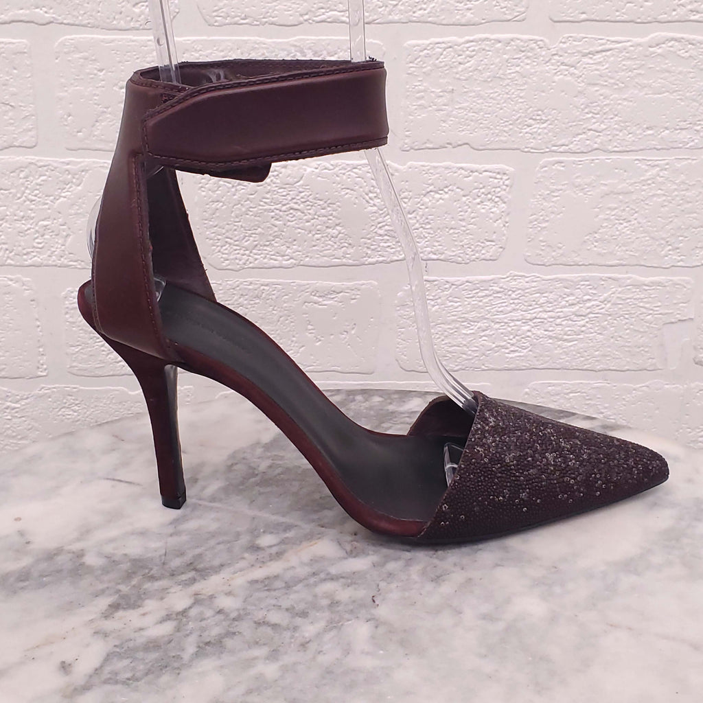ALEXANDER WANG BURGUNDY PEBBLED LEATHER HEELS WITH STRAPS - SIZE 39