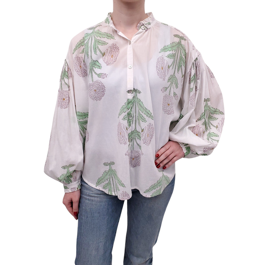 ALIX OF BOHEMIA WHITE AND GREEN FLORAL BLOUSE - SIZE L