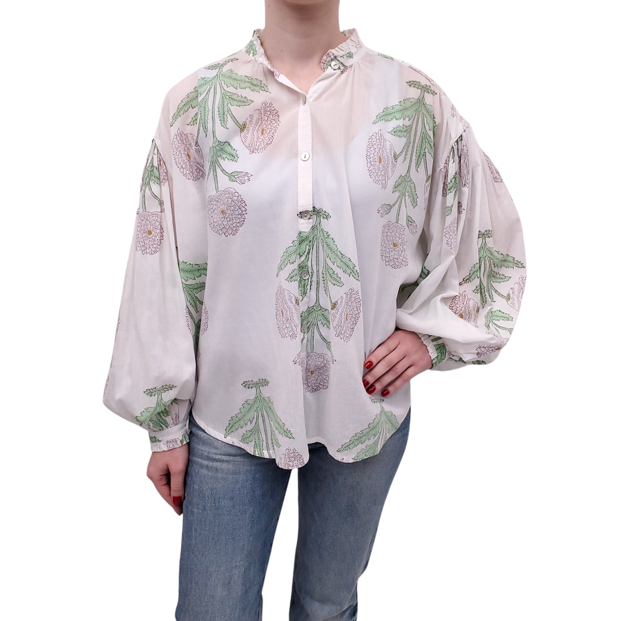 ALIX OF BOHEMIA WHITE AND GREEN FLORAL BLOUSE - SIZE L
