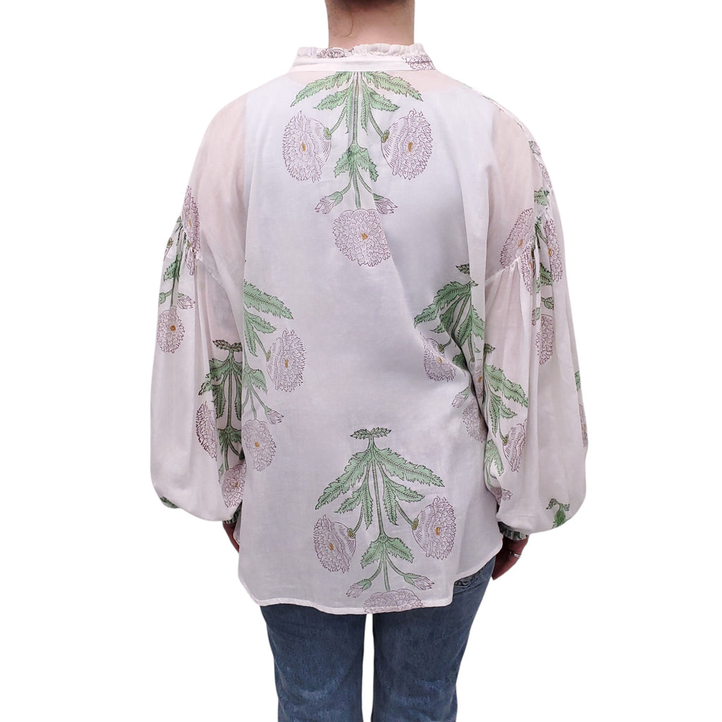 ALIX OF BOHEMIA WHITE AND GREEN FLORAL BLOUSE - SIZE L