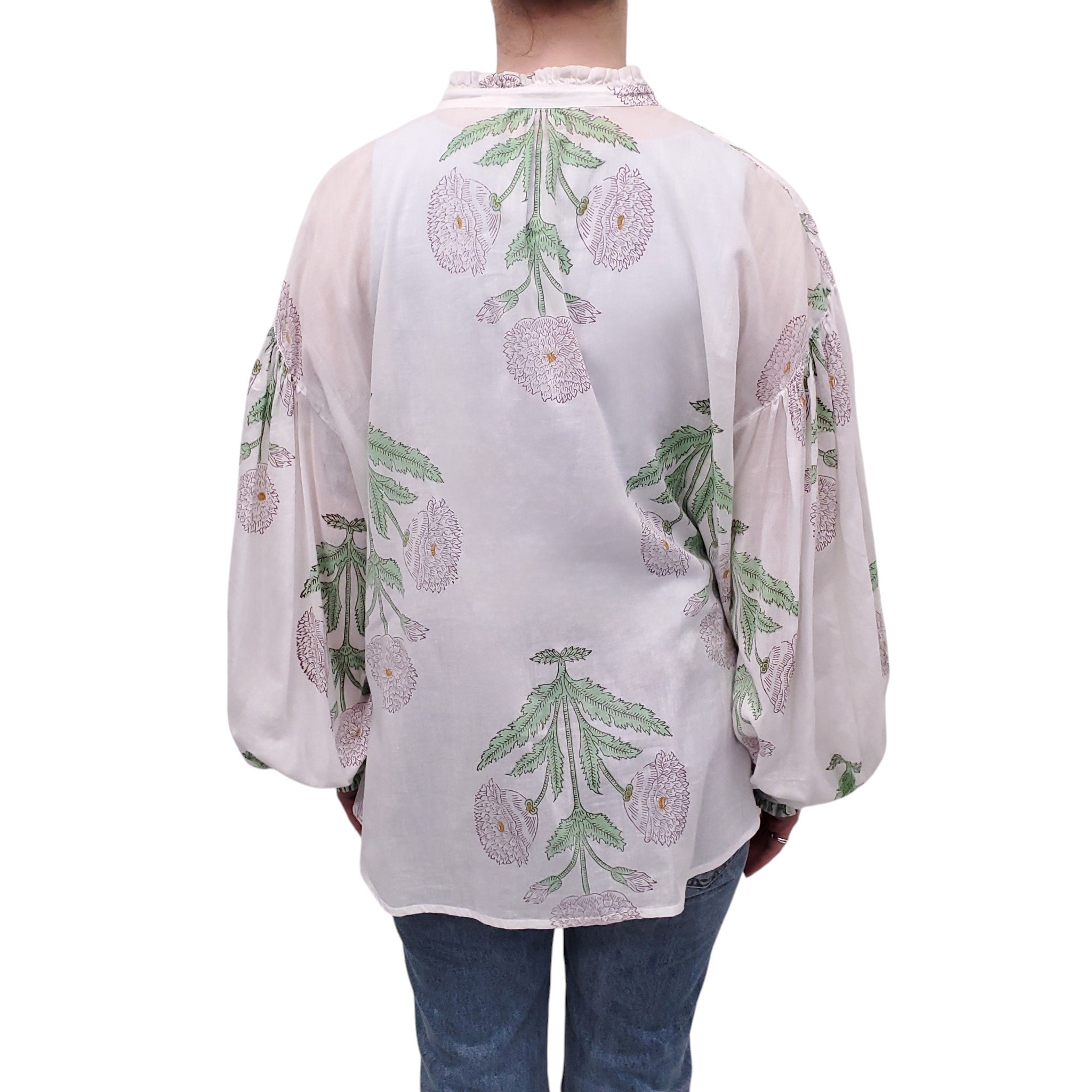 ALIX OF BOHEMIA WHITE AND GREEN FLORAL BLOUSE - SIZE L