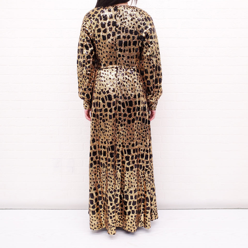 ANTIK BATIK GOLD AND BLACK SPOTTED SEQUIN GOWN - SIZE 40/M