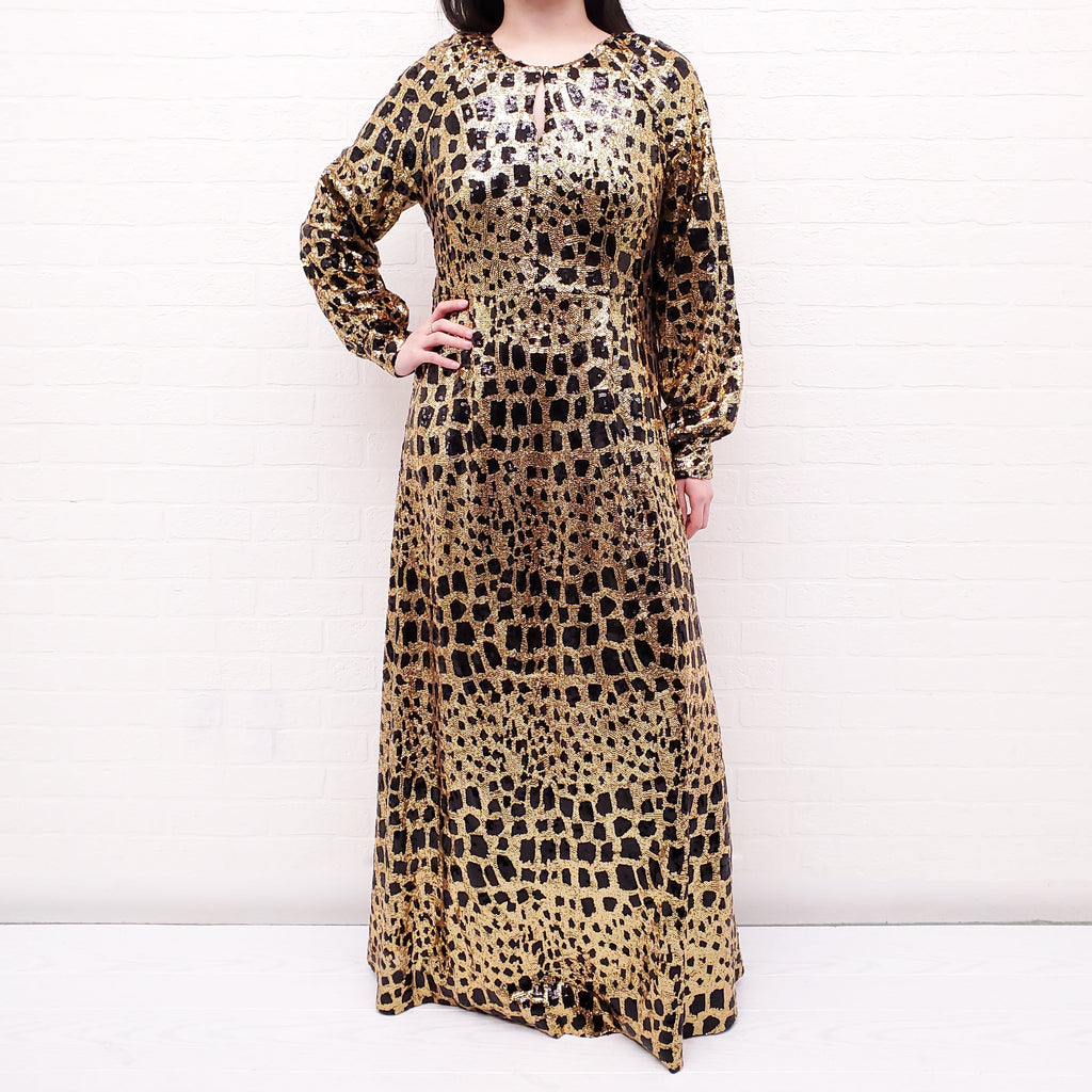 ANTIK BATIK GOLD AND BLACK SPOTTED SEQUIN GOWN - SIZE 40/M