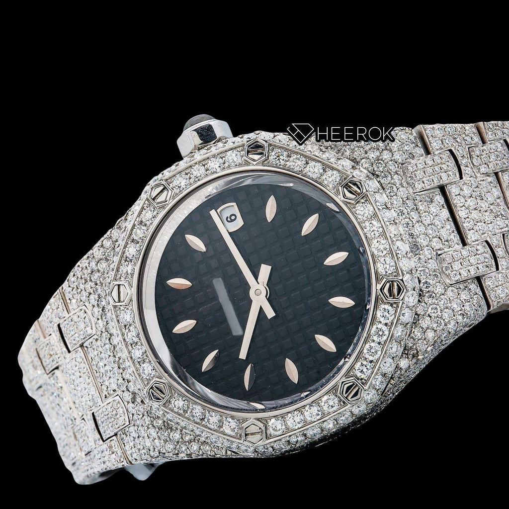 AP Royal Oak Black Dial Oval Markers Diamond Bezel Fully Iced Out Moissanite Diamond Watch For Women