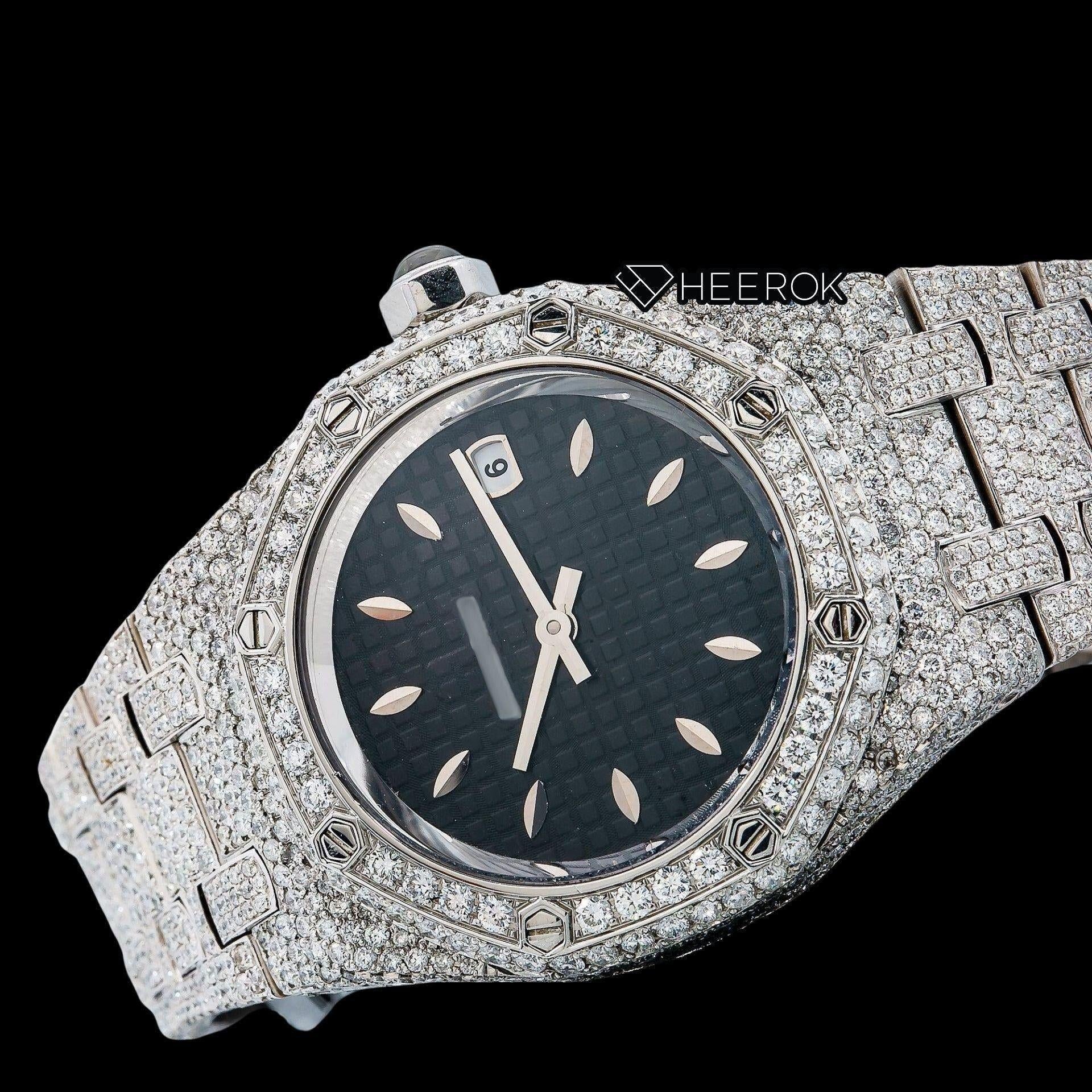 AP Royal Oak Black Dial Oval Markers Diamond Bezel Fully Iced Out Moissanite Diamond Watch For Women