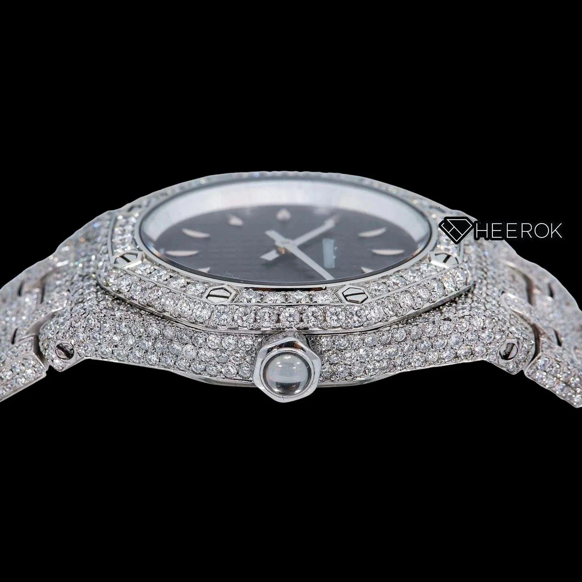 AP Royal Oak Black Dial Oval Markers Diamond Bezel Fully Iced Out Moissanite Diamond Watch For Women