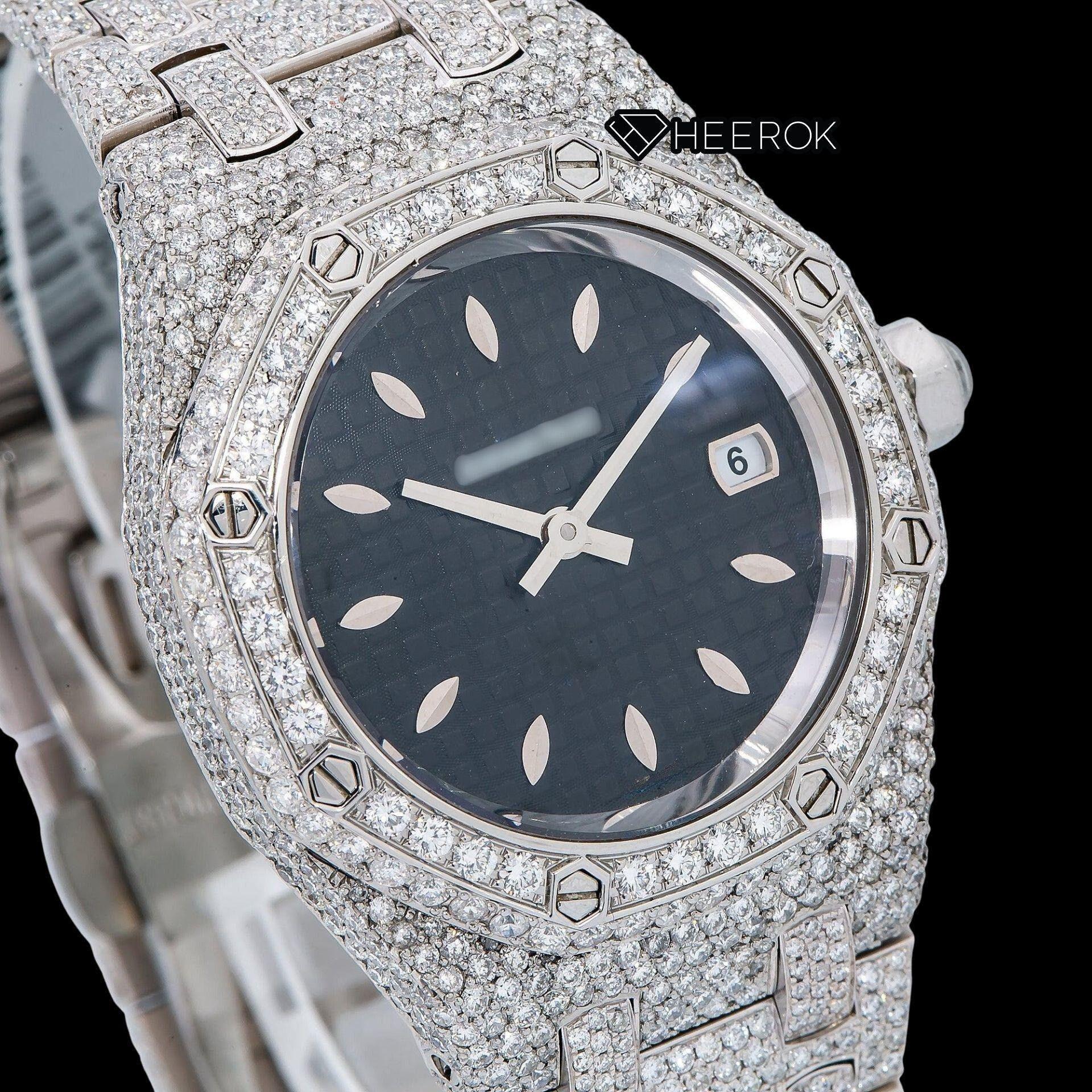AP Royal Oak Black Dial Oval Markers Diamond Bezel Fully Iced Out Moissanite Diamond Watch For Women