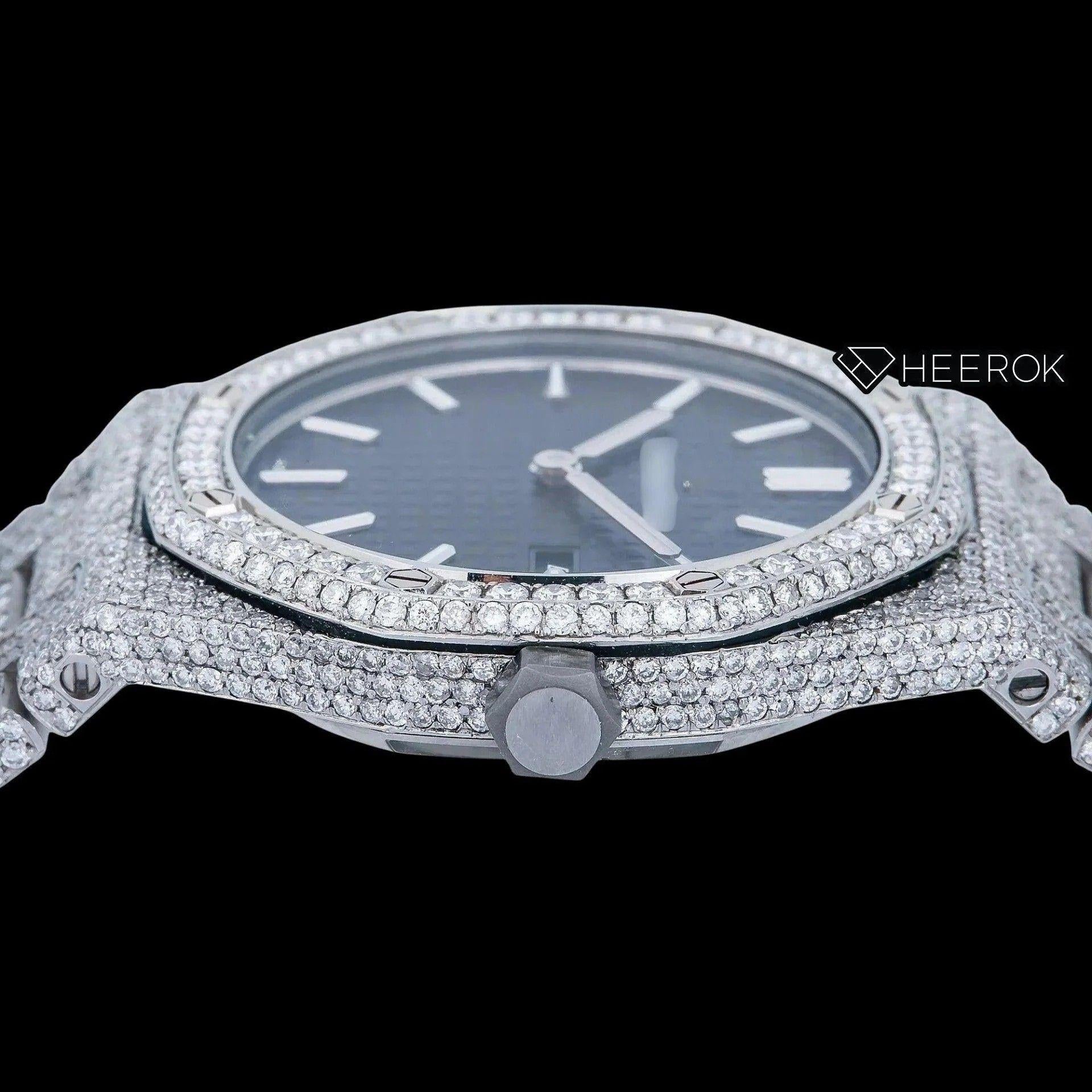 AP Royal Oak Black Dial White Stick Markers Diamond Bezel Fully Iced Moissanite Diamond Watch For Women
