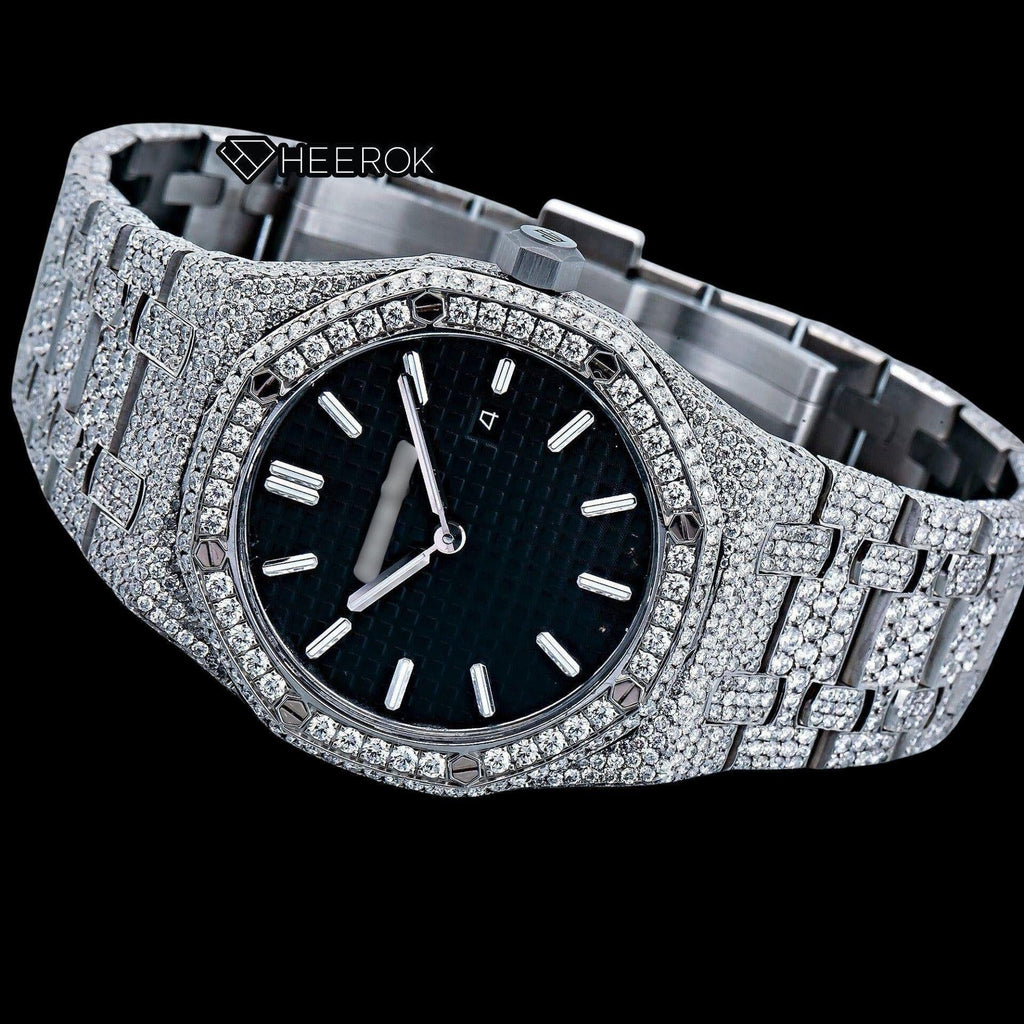 AP Royal Oak Black Dial White Stick Markers Diamond Bezel Fully Iced Moissanite Diamond Watch For Women