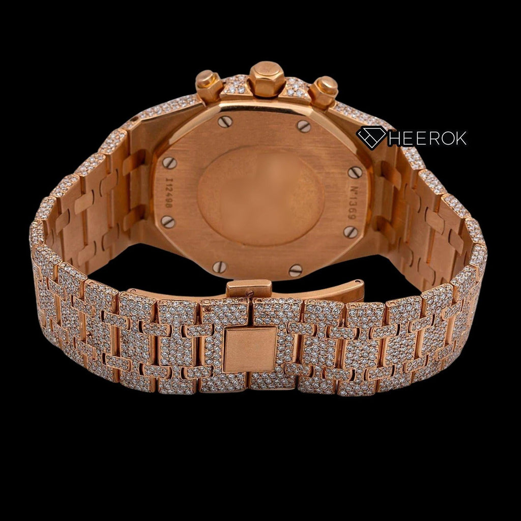 AP Royal Oak Chronograph Black Dial Stick Markers Diamond Bezel Fully Iced Out Rose Gold Moissanite Watch